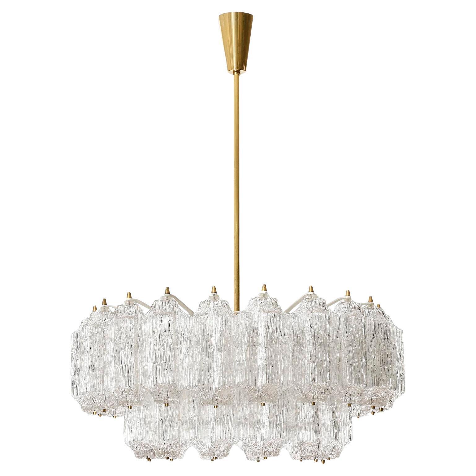 Mid-20th Century Large Mid-Century Modern Chandelier, Brass and Textured Glass, 1960s For Sale