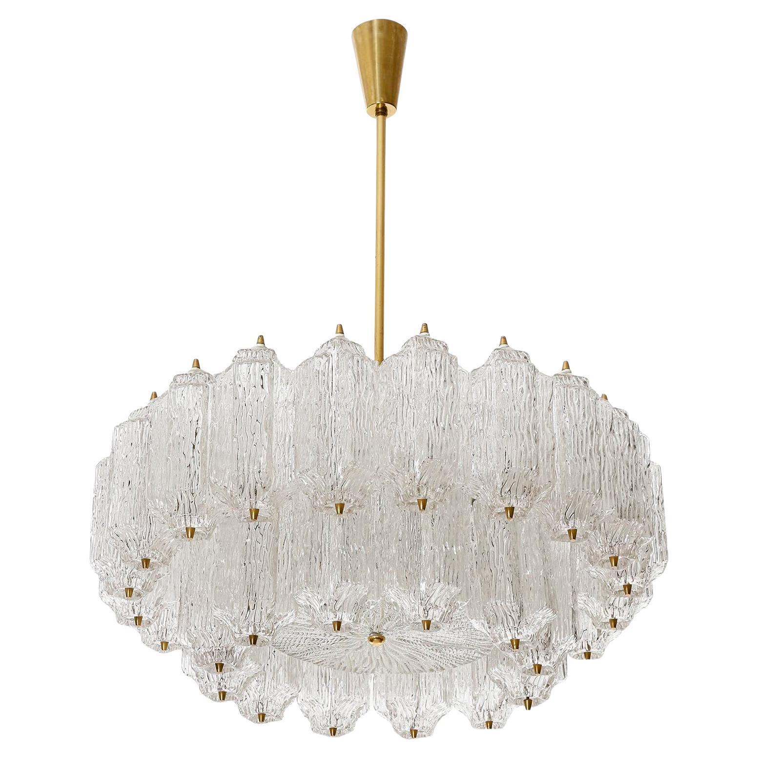 Metal Large Mid-Century Modern Chandelier, Brass and Textured Glass, 1960s For Sale