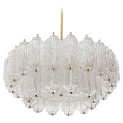 Large Mid-Century Modern Chandelier, Brass and Textured Glass, 1960s, One of Two