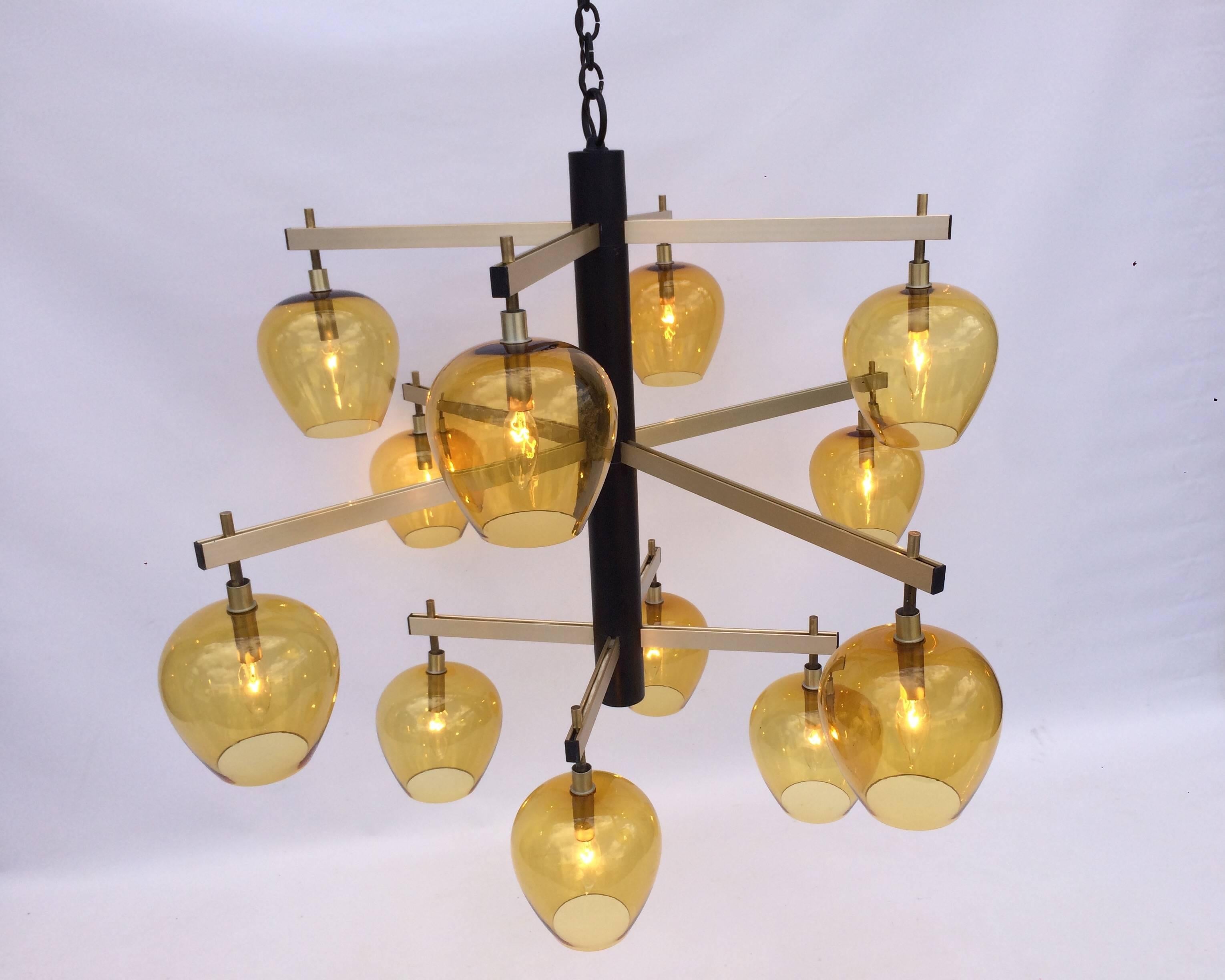 Large Mid-Century Modern Chandelier, Glass, Amber 6