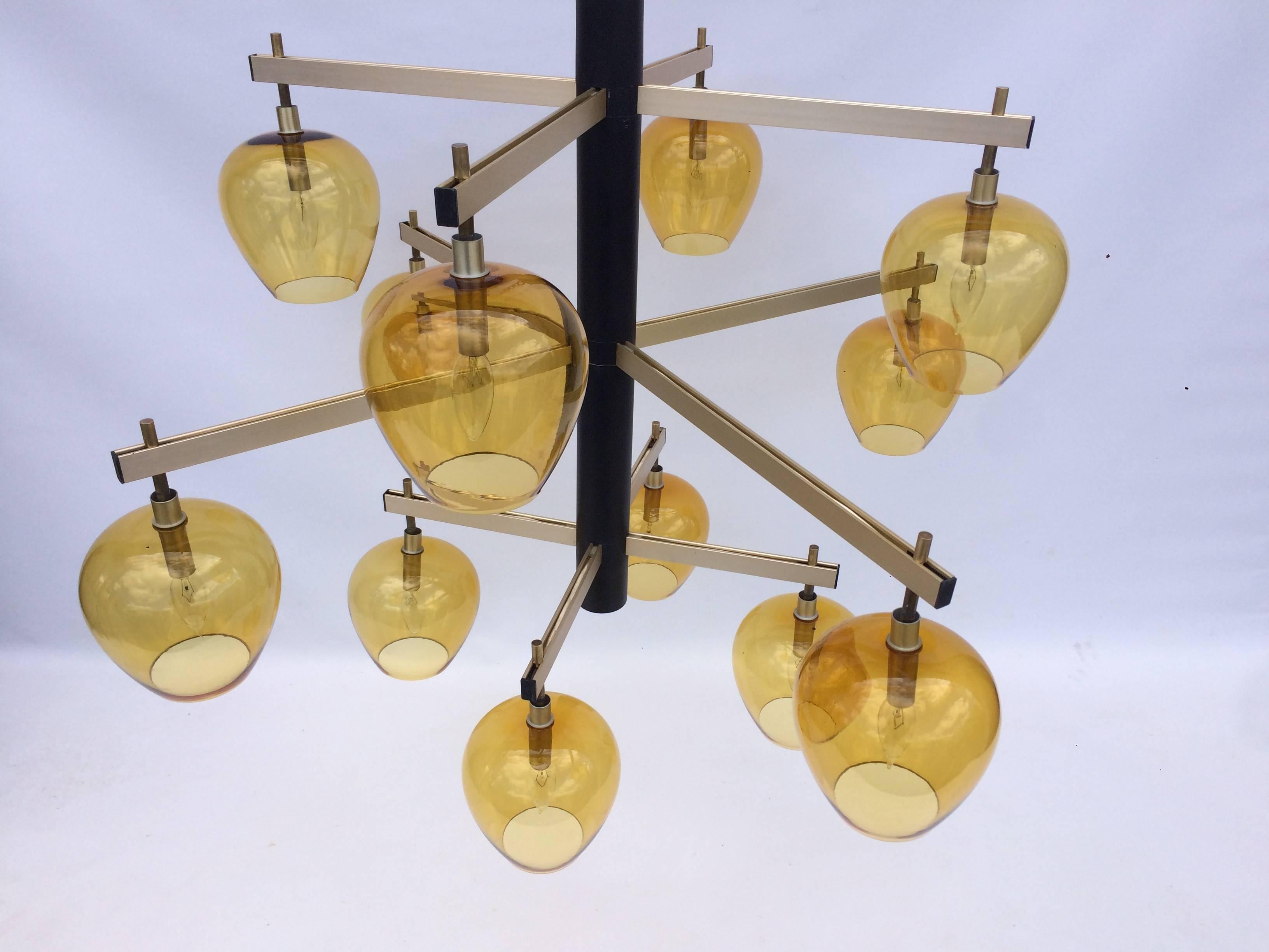 Large Mid-Century Modern Chandelier, Glass, Amber 7