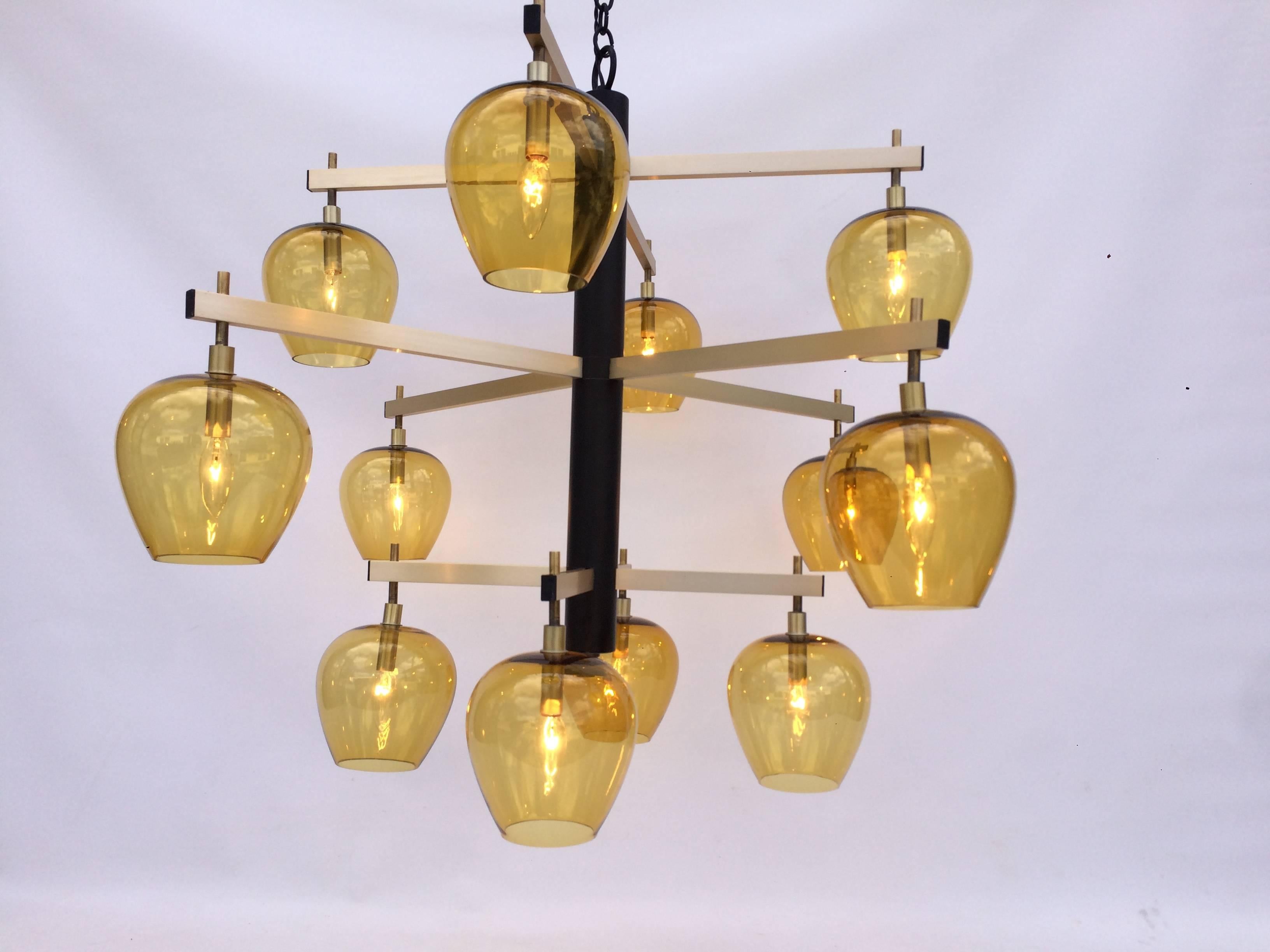 American Large Mid-Century Modern Chandelier, Glass, Amber