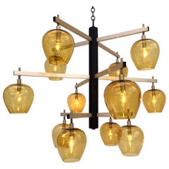 Large Mid-Century Modern Chandelier, Glass, Amber