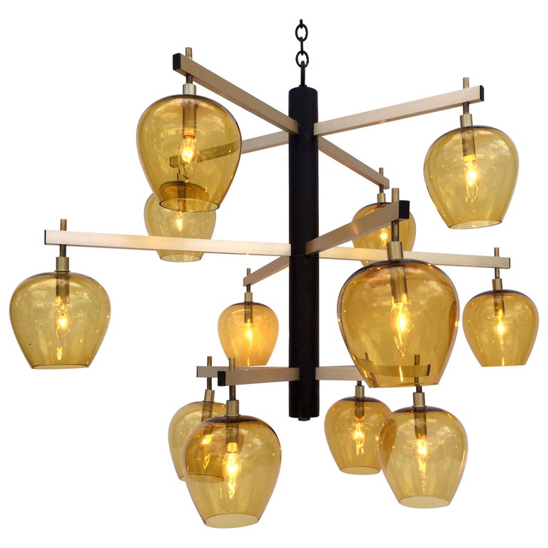 Large MidCentury Modern Chandelier, Glass, Amber at 1stDibs