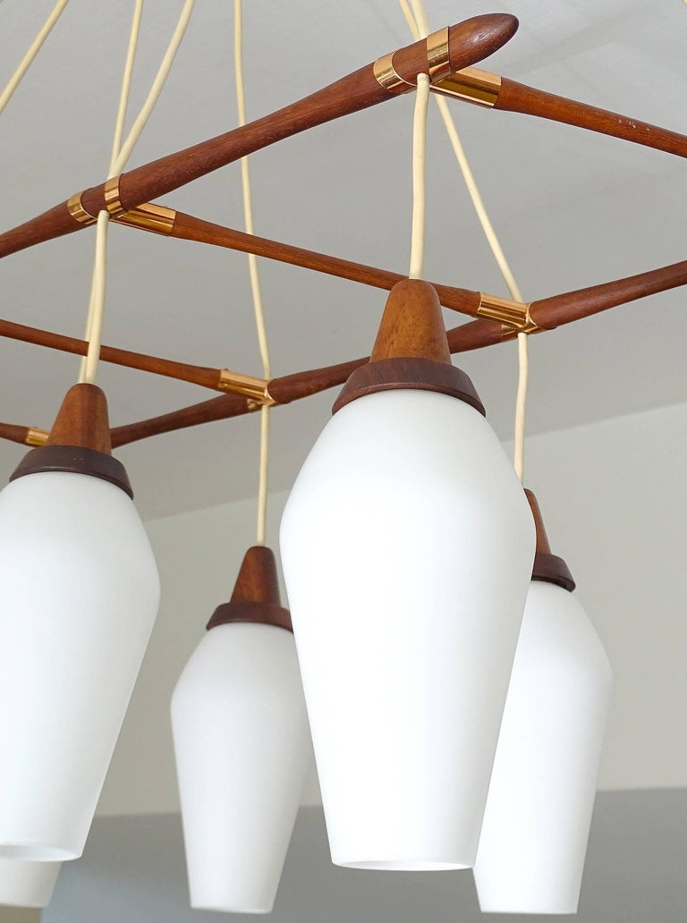 Large MidCentury Danish Modern Pendant Chandelier Light, Teak Glass For