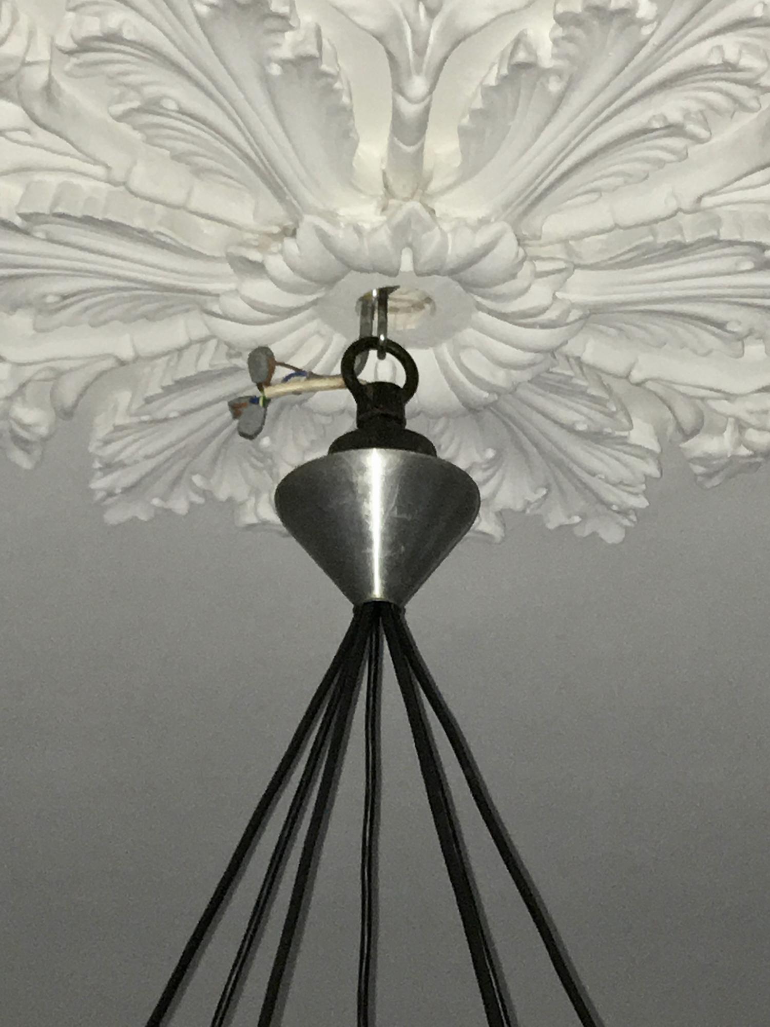 Large Mid-Century Modern Chandelier with White Glass, Black and Copper Shades 3
