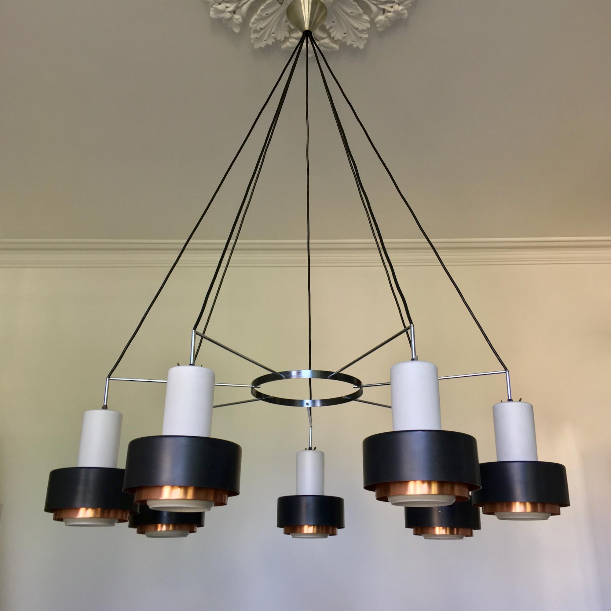 Very large and impressive Mid-Century Modern chandelier, European, circa 1960s. A striking modernist fixture from a former church, which would suit the high ceilings of a loft or barn conversion, restaurant or other tall space. Possibly a bespoke