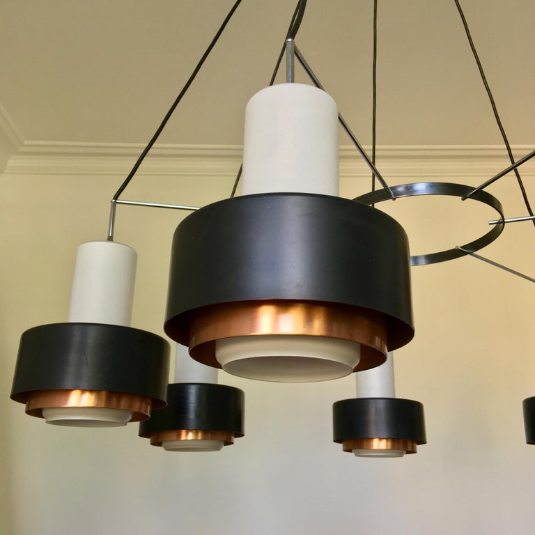 Large Mid-Century Modern Chandeliers with White Glass, Black and Copper  Shades For Sale at 1stDibs