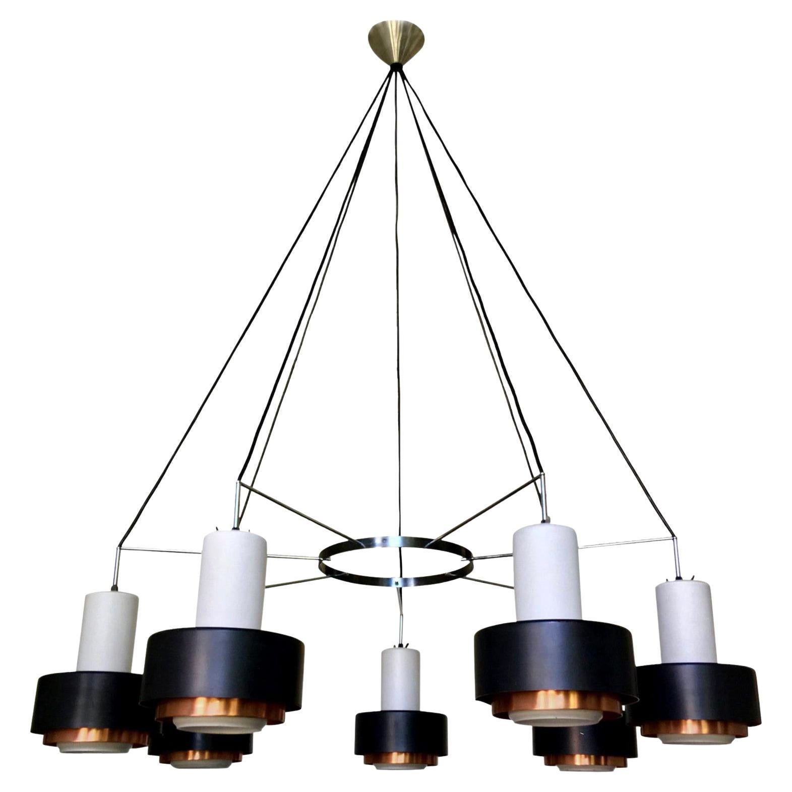 Large Mid-Century Modern Chandelier with White Glass, Black and Copper Shades For Sale