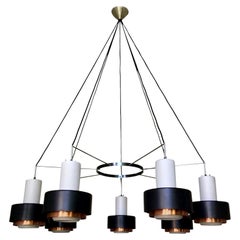 Vintage Large Mid-Century Modern Chandelier with White Glass, Black and Copper Shades