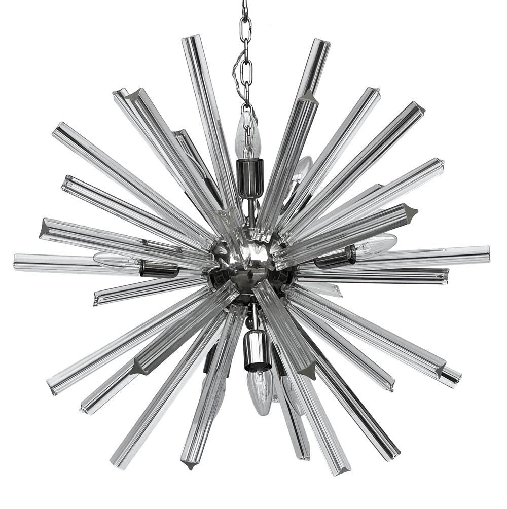 A large and absolutely stunning vintage Sputnik hanging light. It features a chrome main structure with long clear glass rods. Takes standard size US light bulbs.