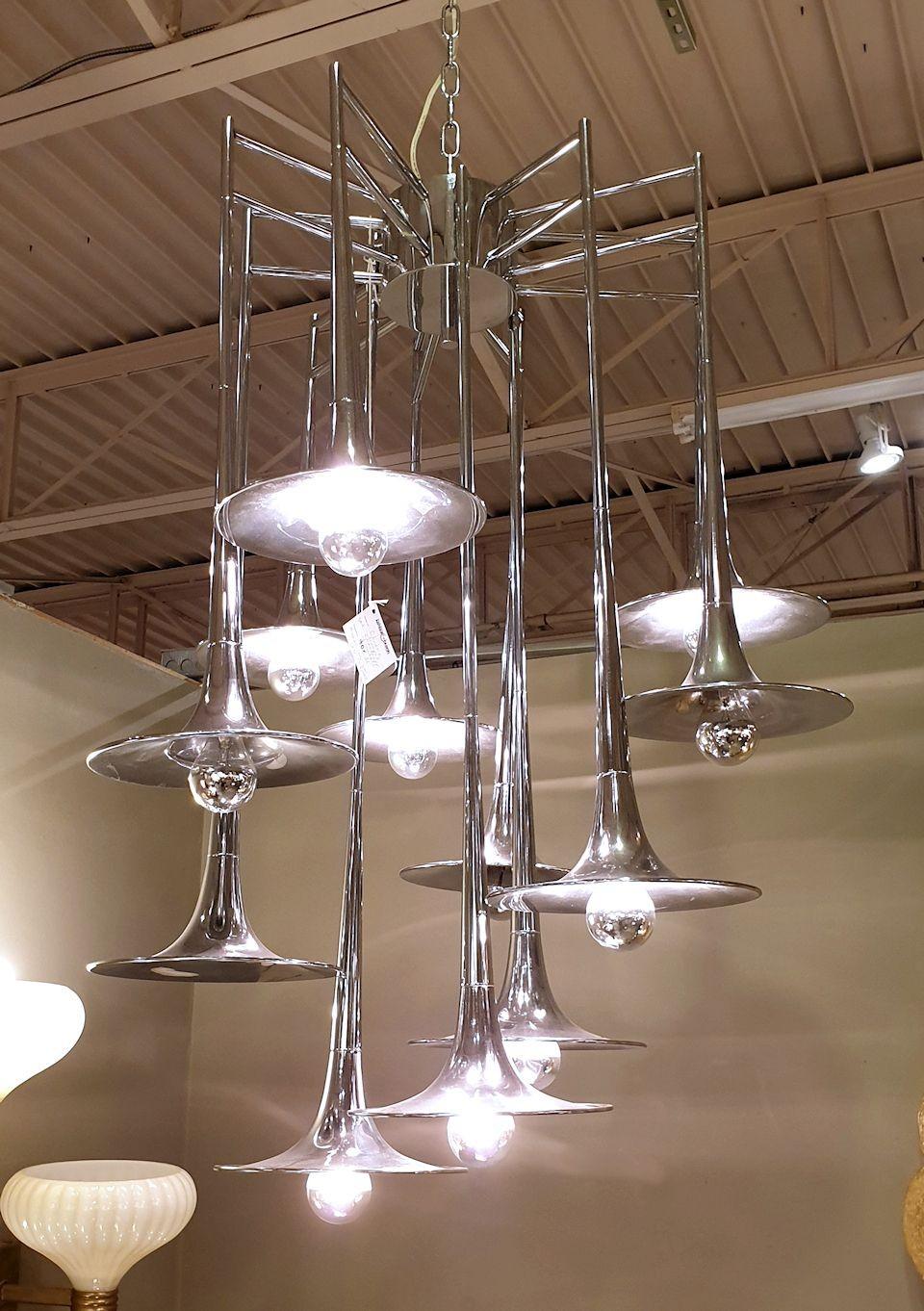 Very large Mid Century Modern chrome chandelier, named 