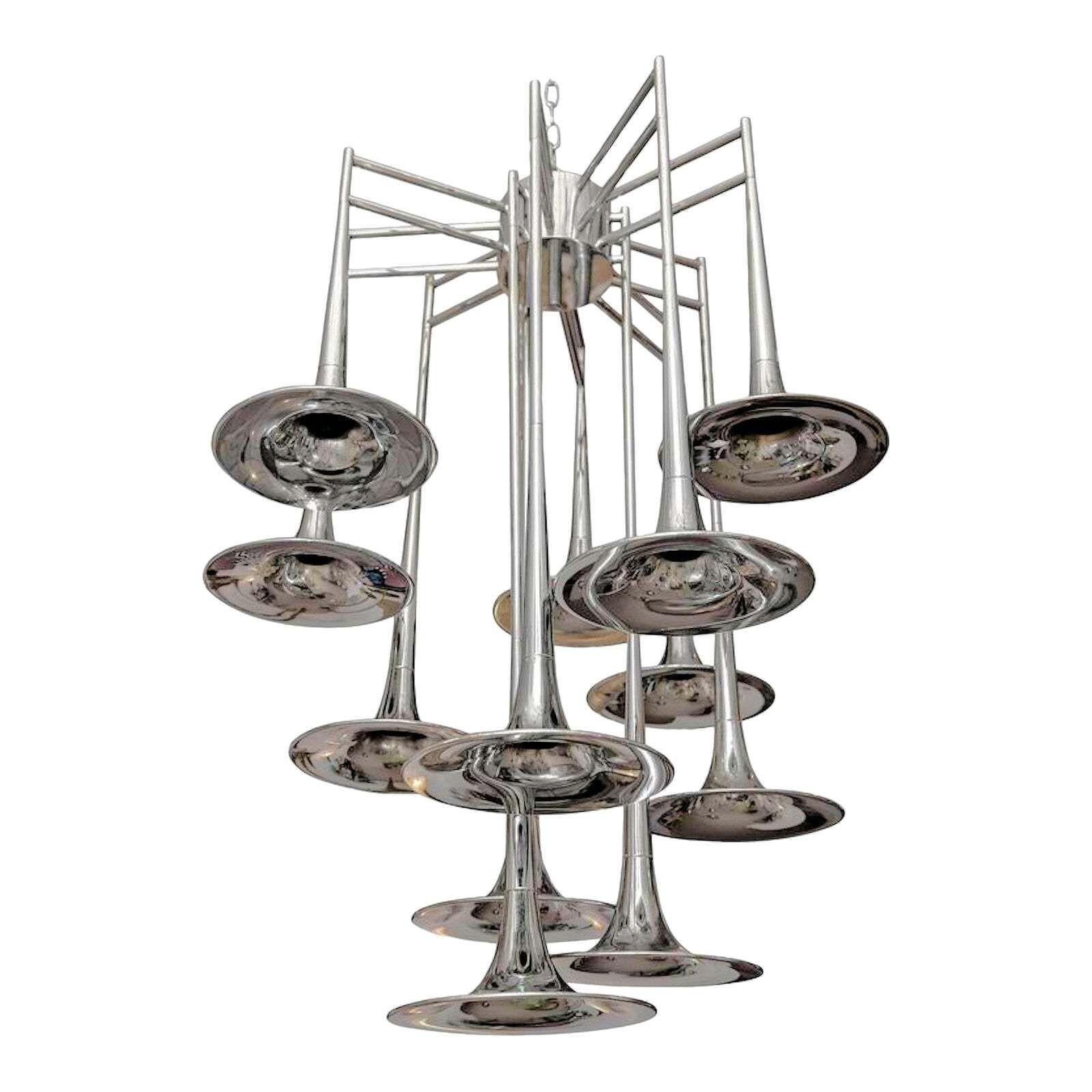 Large Mid-Century Chrome Chandelier, by Reggiani For Sale