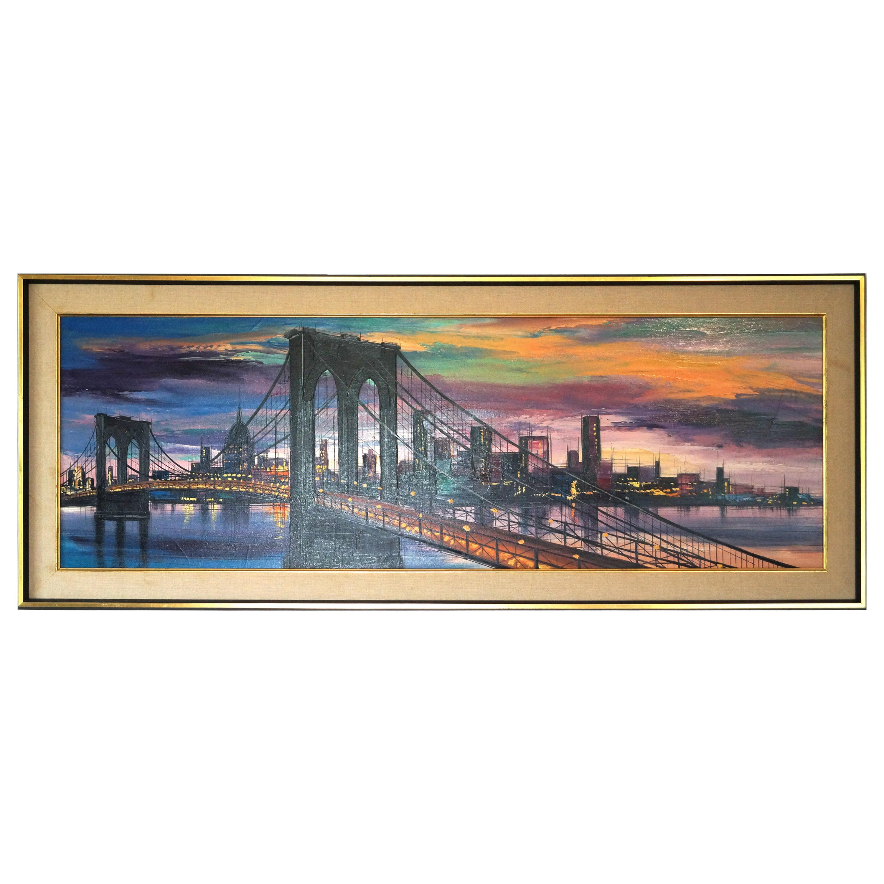 Large Mid-Century Modern Cityscape Modern Bridge Sunset Dusk Painting Framed