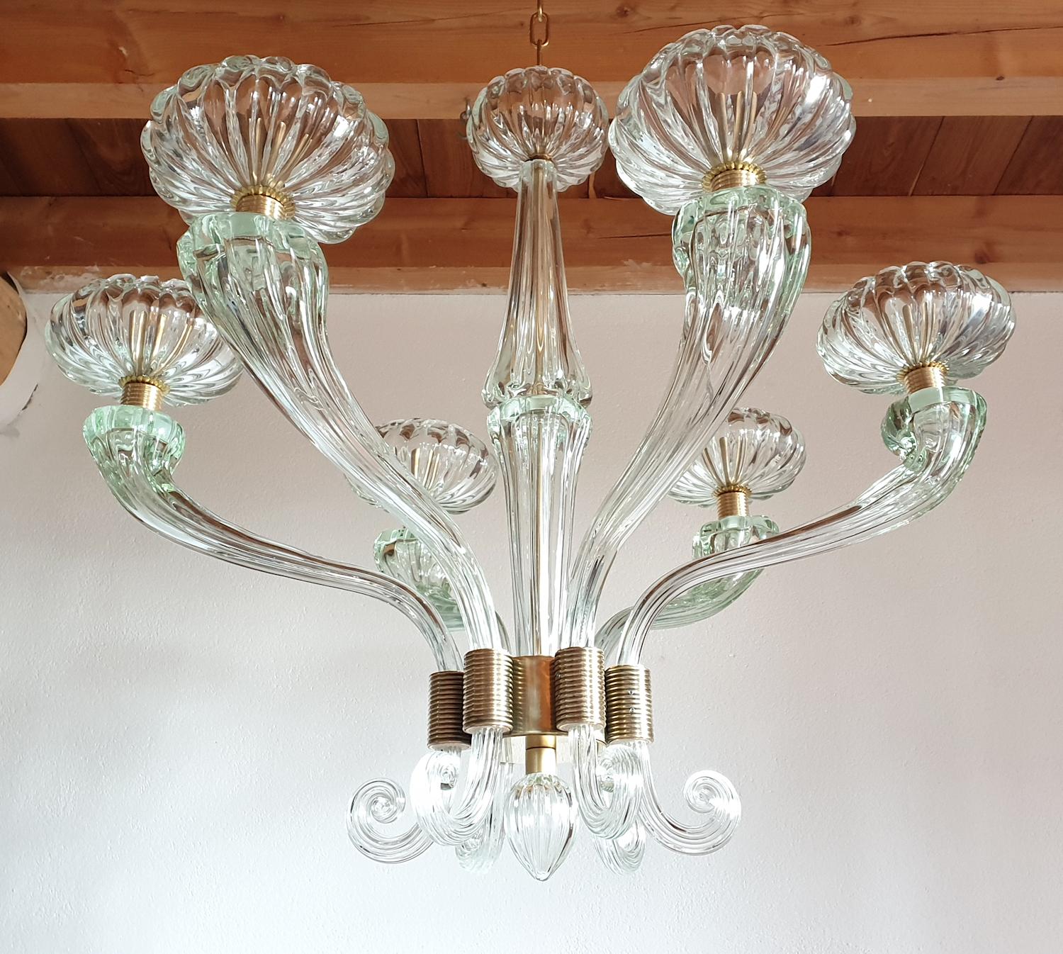 Large Mid-Century Modern Clear Murano Glass Chandelier, Barovier Style, 1960s In Excellent Condition In Dallas, TX