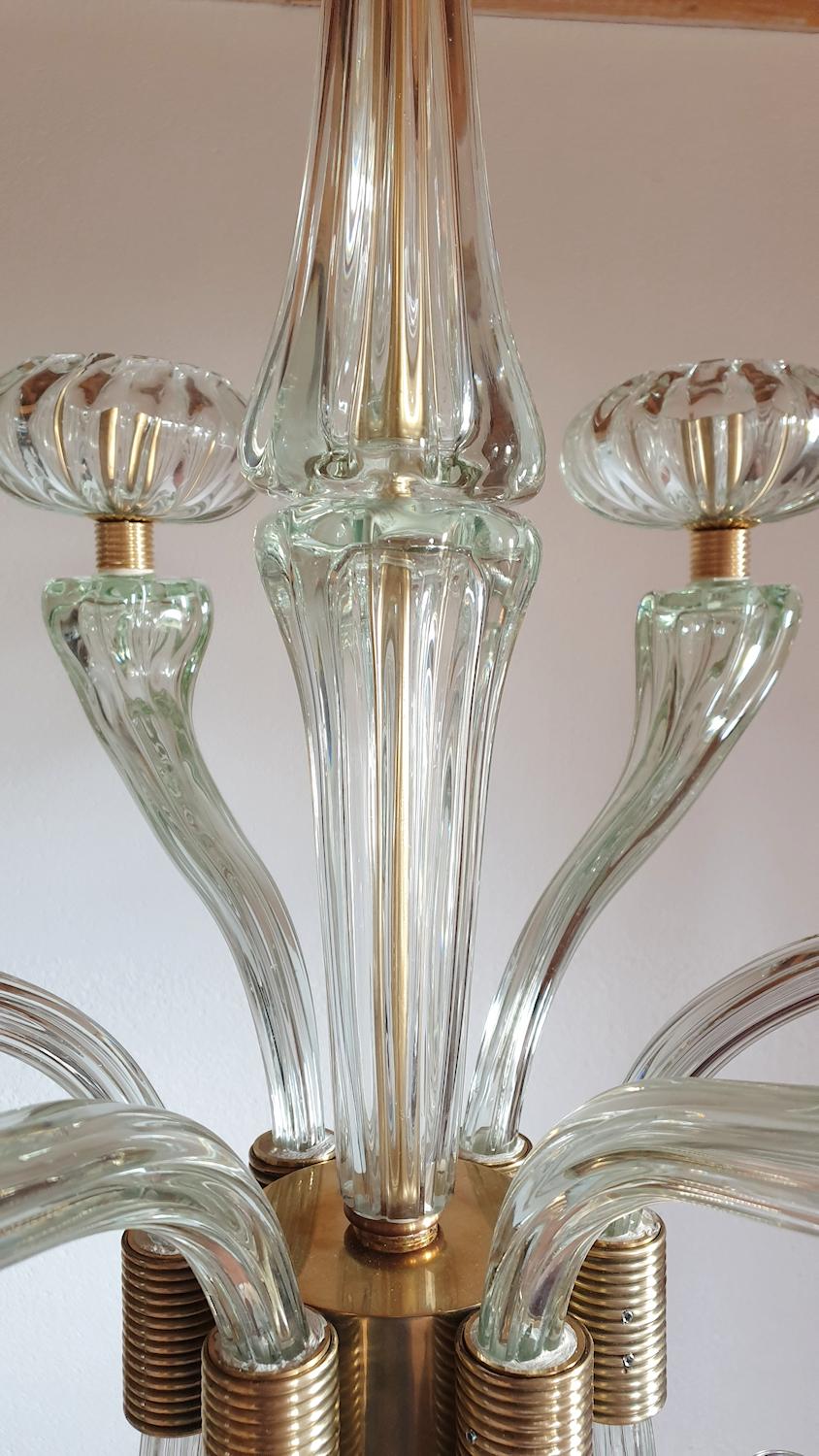 Brass Large Mid-Century Modern Clear Murano Glass Chandelier, Barovier Style, 1960s