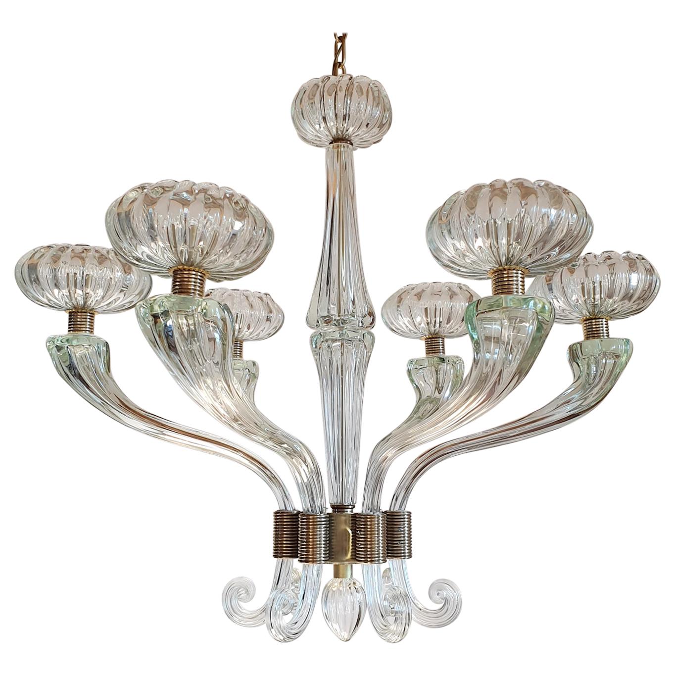 Large Mid-Century Modern Clear Murano Glass Chandelier, Barovier Style, 1960s