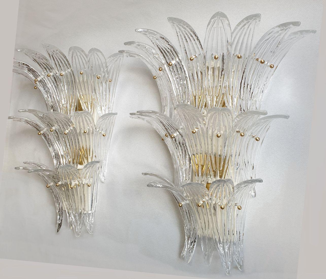Mid-Century Modern Large Mid Century Modern Clear Murano Glass Palmette Sconces, a Pair
