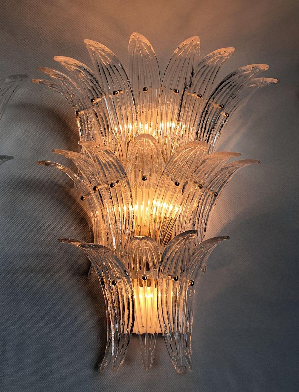 Large Mid Century Modern Clear Murano Glass Palmette Sconces, a Pair In Excellent Condition In Dallas, TX