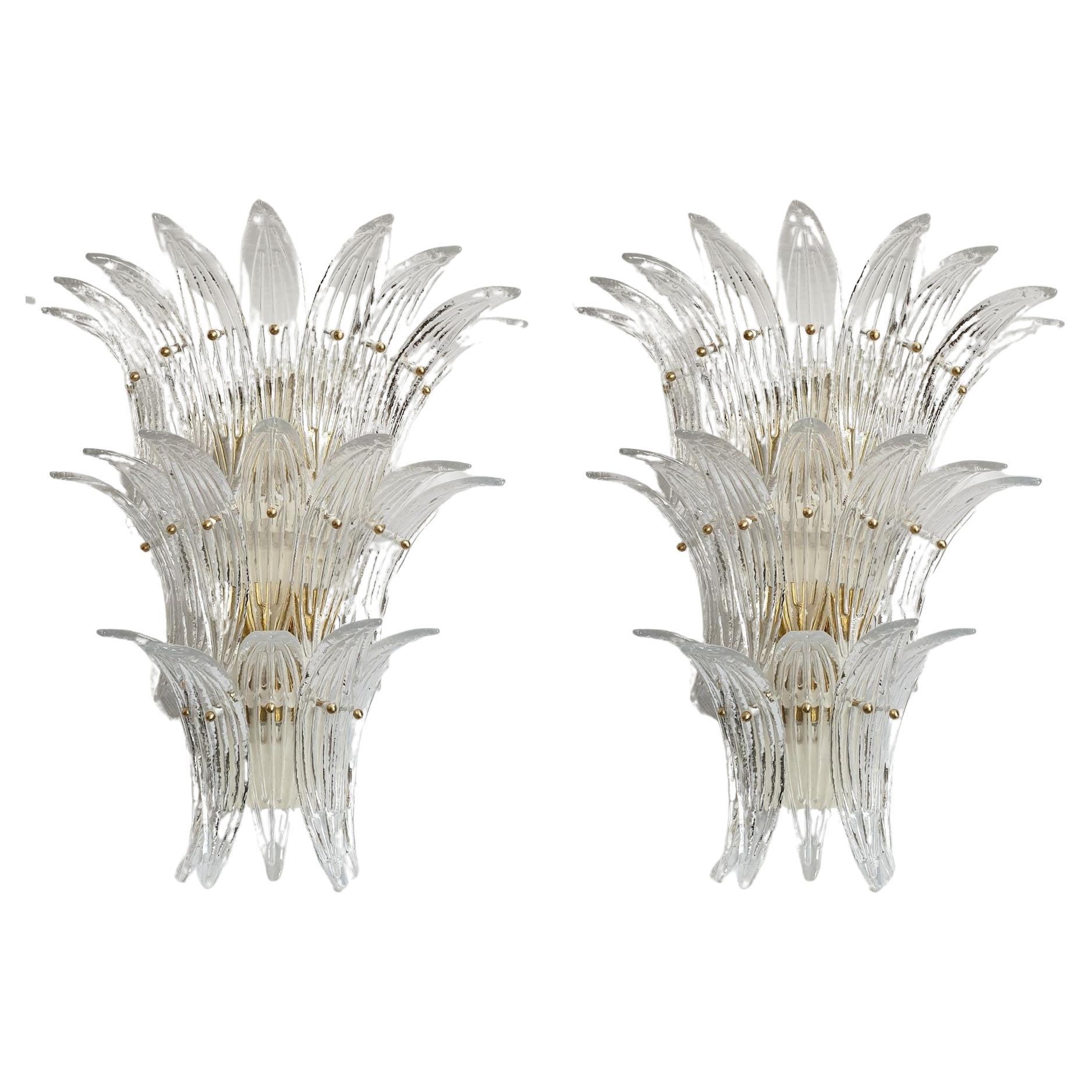 Large Mid Century Modern Clear Murano Glass Palmette Sconces, a Pair