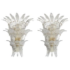 Vintage Large Mid Century Modern Clear Murano Glass Palmette Sconces, a Pair