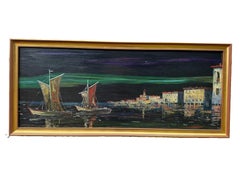 Grande peinture à l'huile de style « Mid-Century Modern » représentant un port côtier, signée, encadrée