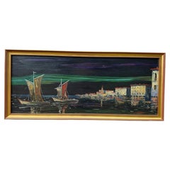 Grande peinture à l'huile de style « Mid-Century Modern » représentant un port côtier, signée, encadrée