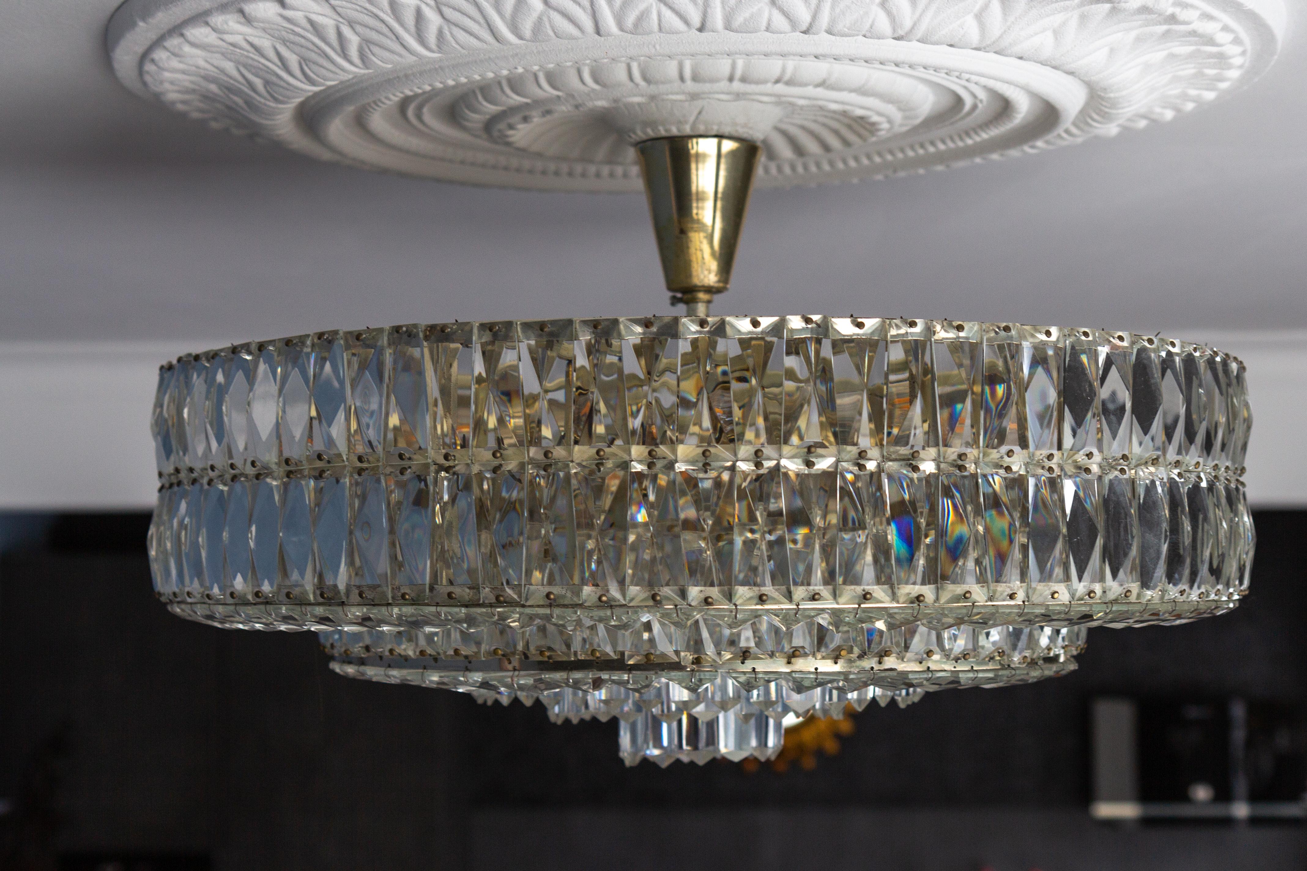 Large Mid-Century Modern Crystal Glass Twelve-Light Ceiling Light, 1950s For Sale 8
