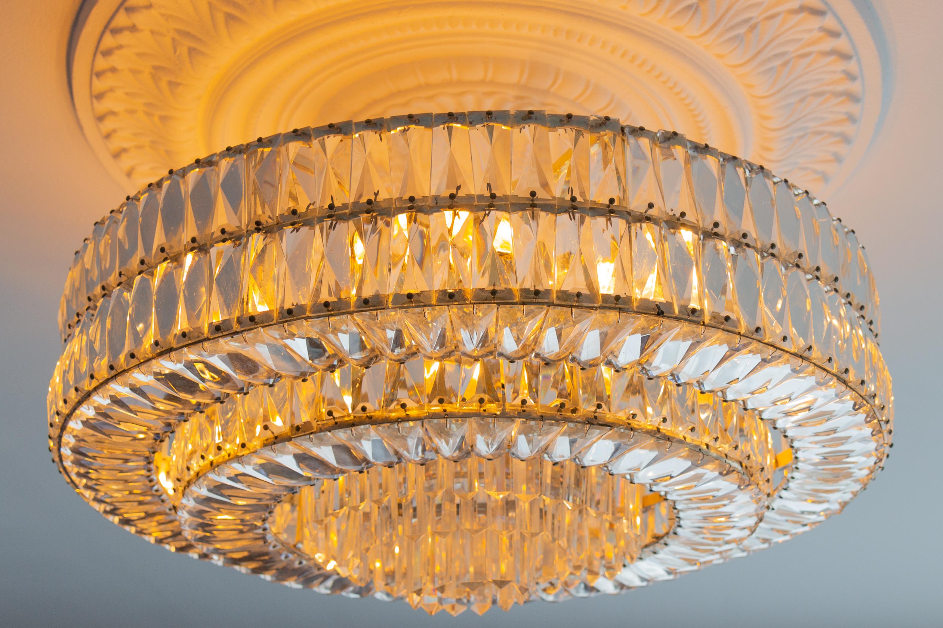 German Large Mid-Century Modern Crystal Glass Twelve-Light Ceiling Light, 1950s For Sale