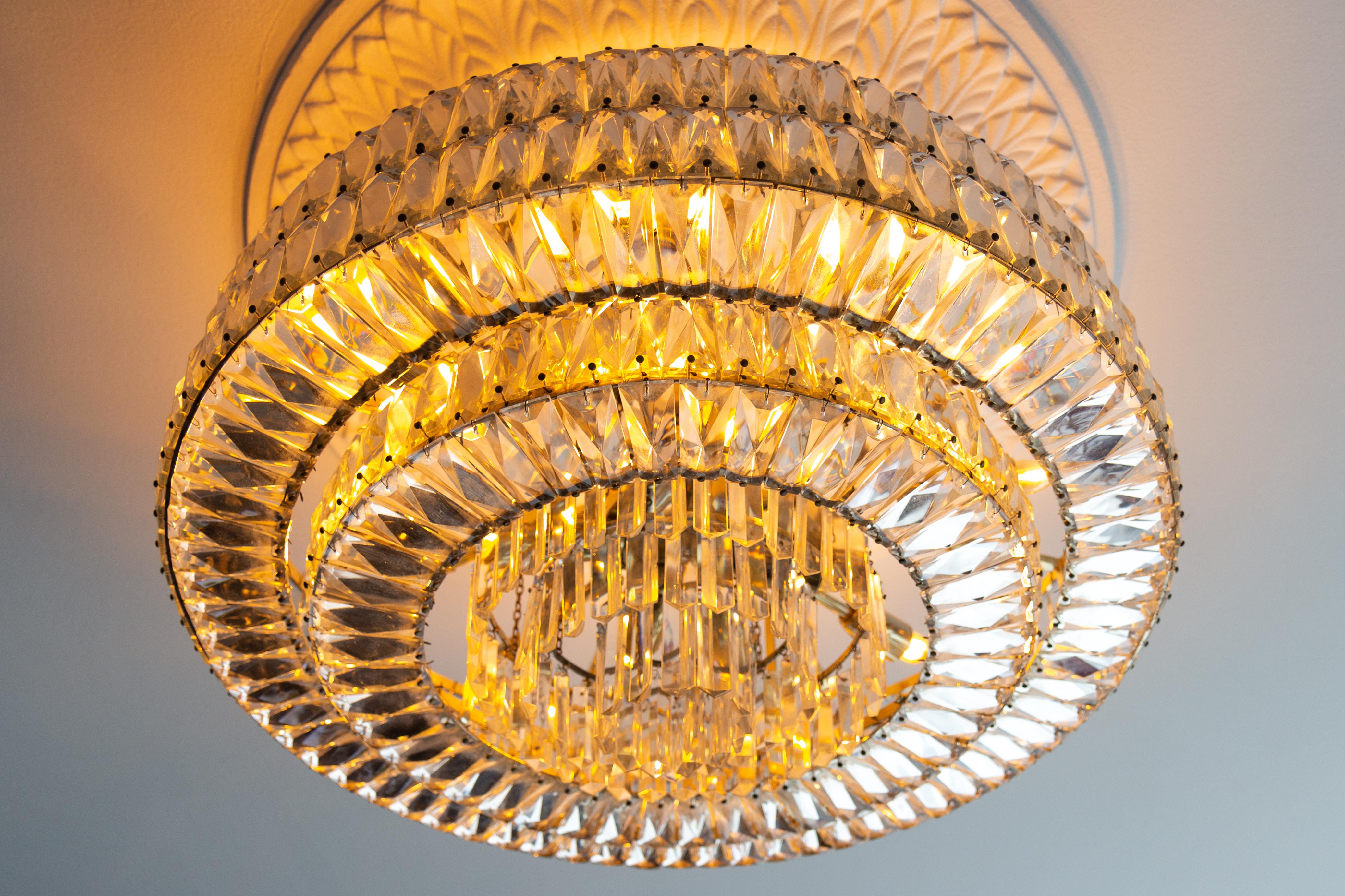 Mid-20th Century Large Mid-Century Modern Crystal Glass Twelve-Light Ceiling Light, 1950s For Sale