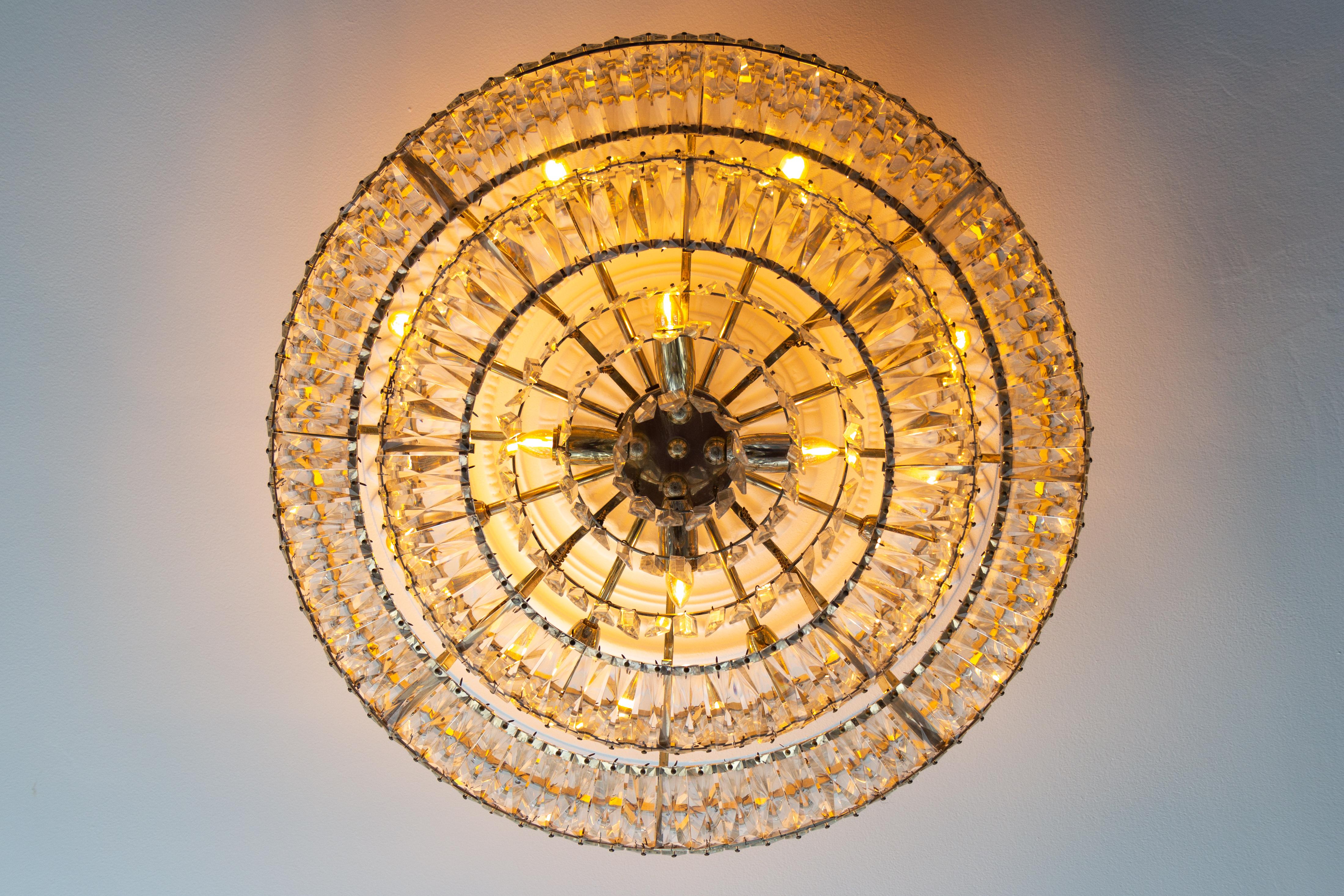 Brass Large Mid-Century Modern Crystal Glass Twelve-Light Ceiling Light, 1950s For Sale