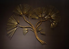 Large Mid-Century Modern Curtis Jeré Brutalist Brass Tree Needle Wall Sculpture