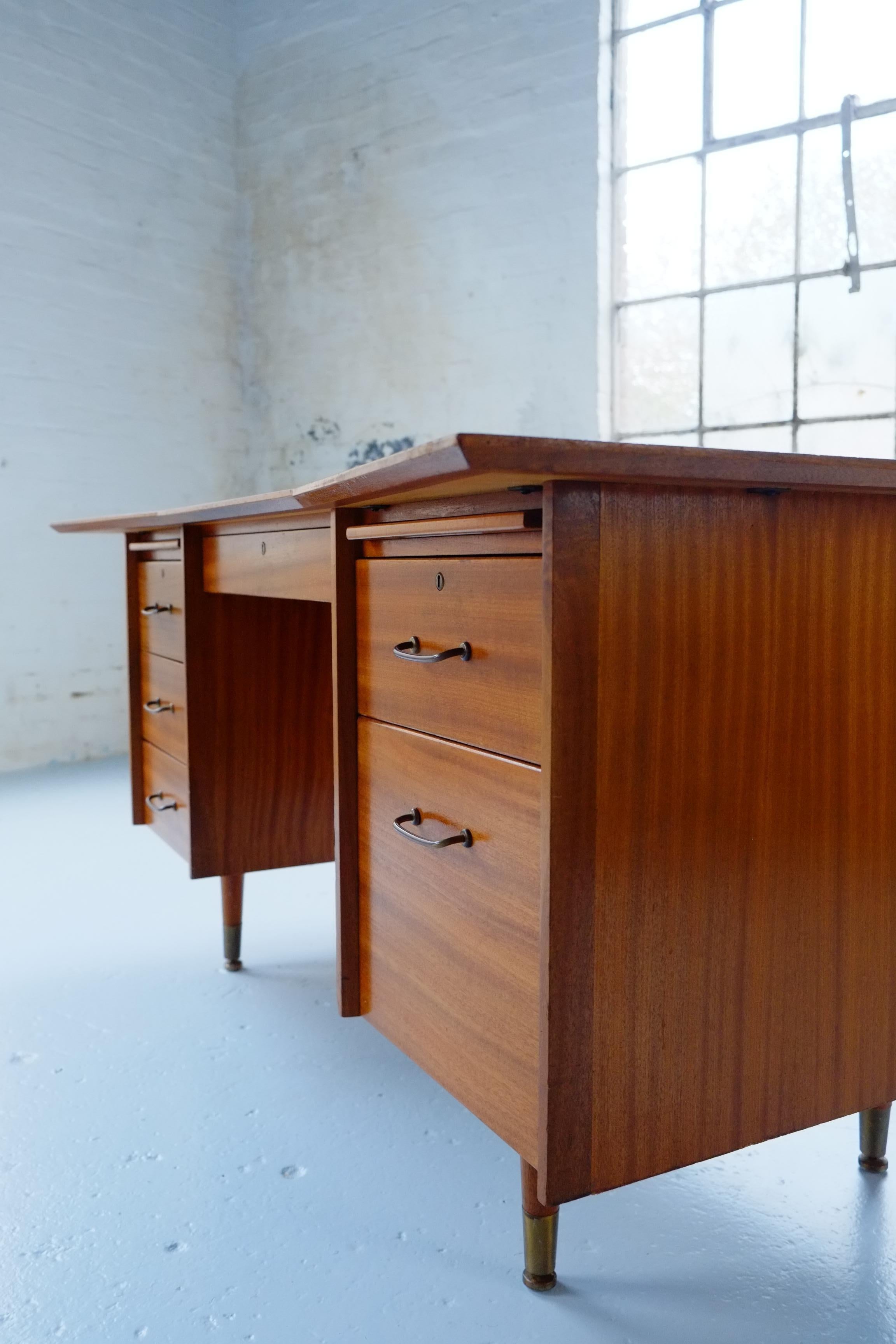 Mid-Century Modern Large Mid Century Modern Desk with Curved Front and Brass Handles 50's 60's For Sale