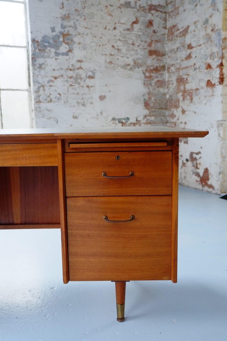 Large Mid Century Modern Desk with Curved Front and Brass Handles 50's