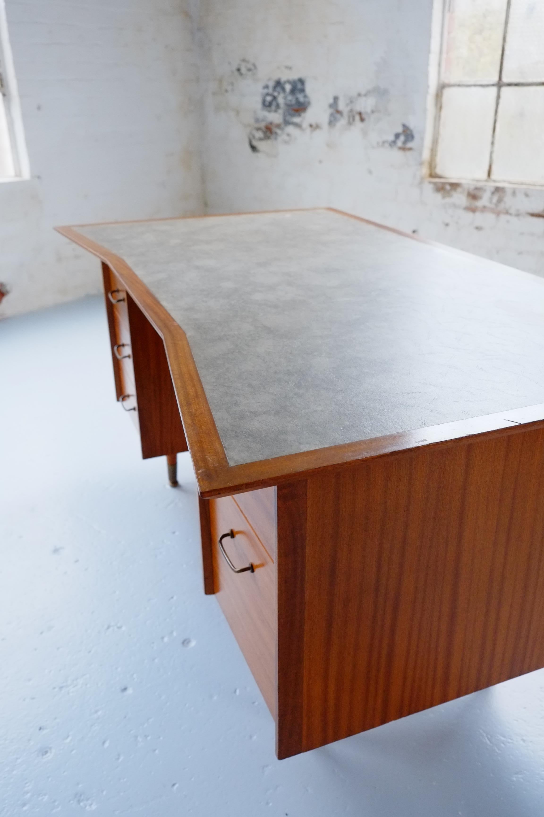 Mid-20th Century Large Mid Century Modern Desk with Curved Front and Brass Handles 50's 60's For Sale