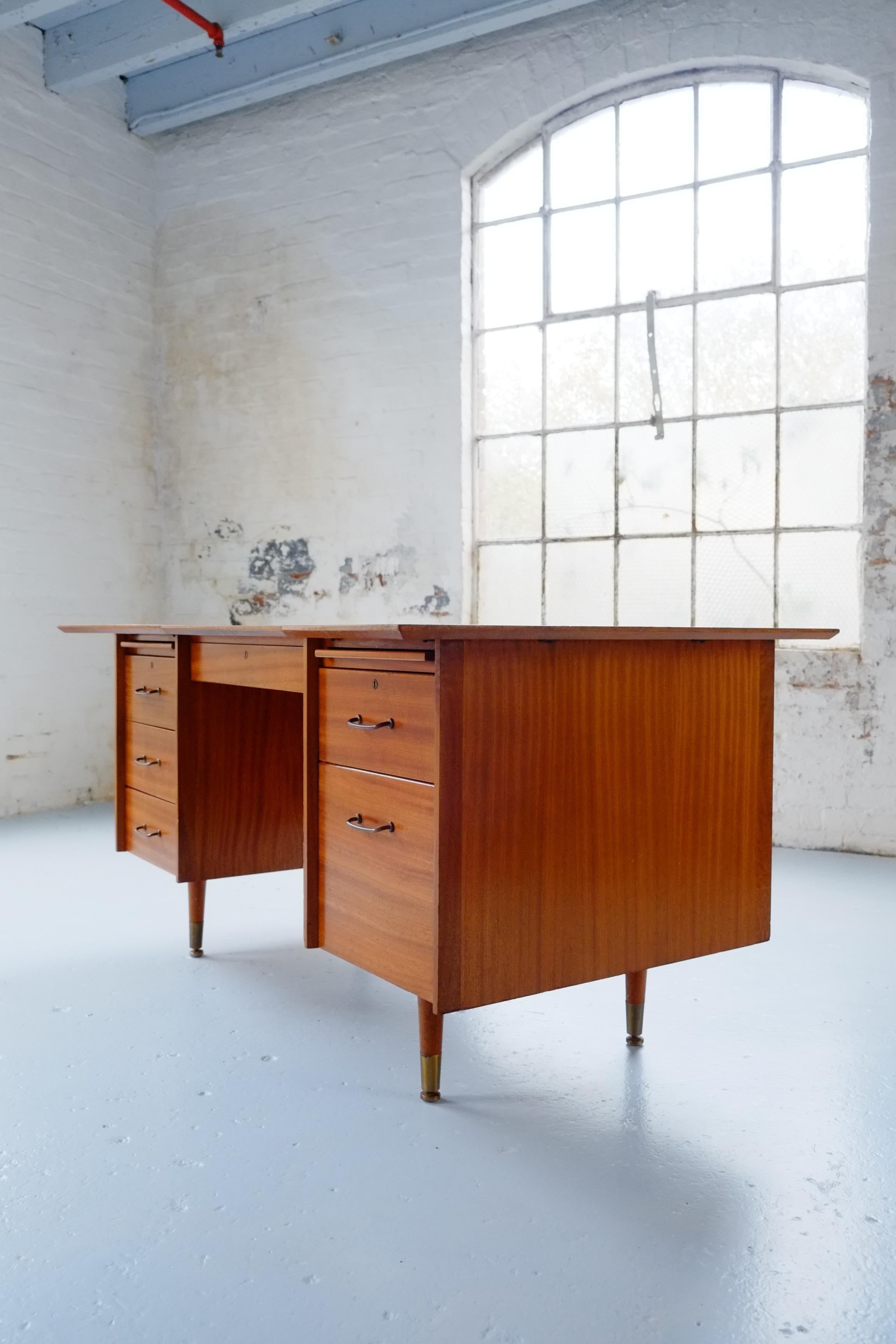Teak Large Mid Century Modern Desk with Curved Front and Brass Handles 50's 60's For Sale