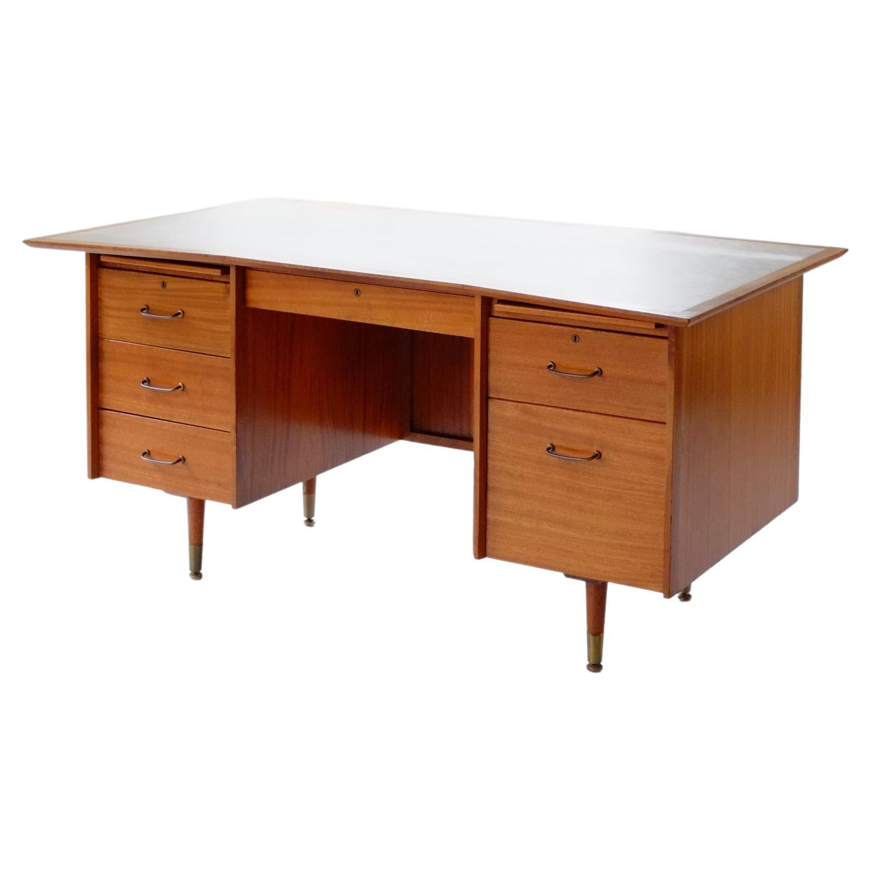 Large Mid Century Modern Desk with Curved Front and Brass Handles 50's 60's For Sale