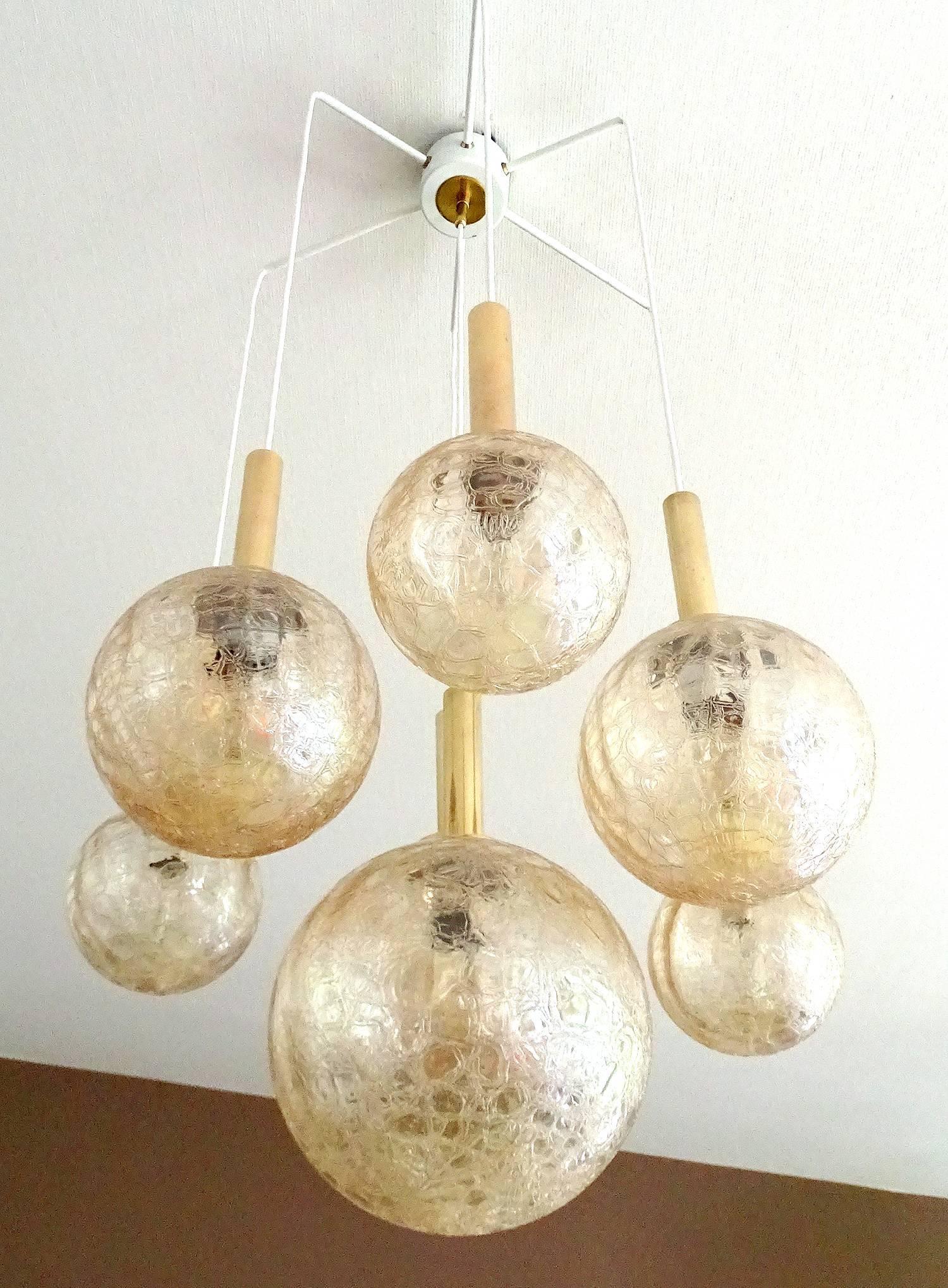 Mid-Century Modern  Large 7 Lights Doria  Brass Glass Globes Chandelier Pendant Light  