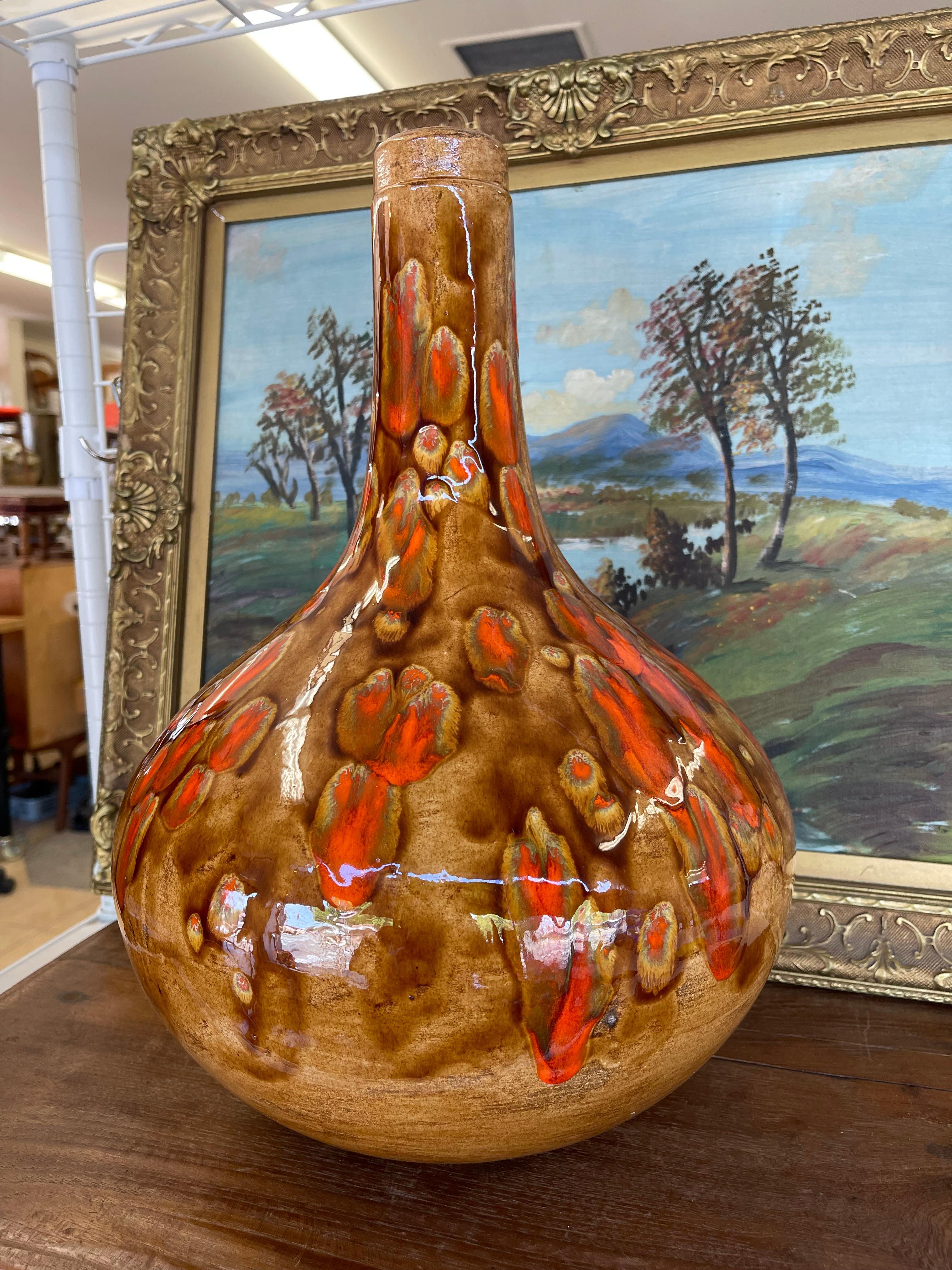 Large Mid-Century Modern Drip Glaze Pottery Vase in Brown and Lava Orange Tones In Good Condition For Sale In Seattle, WA