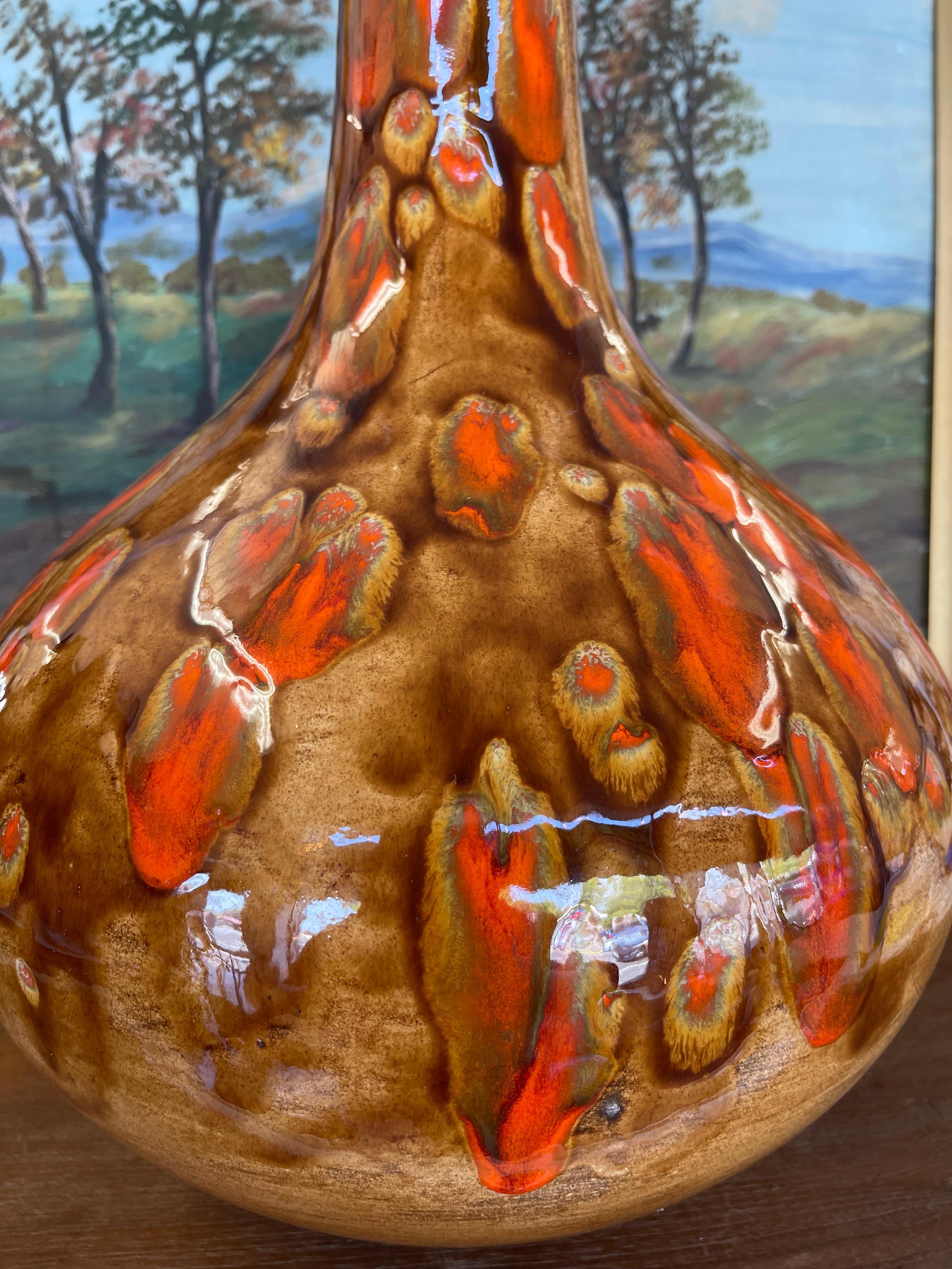 Mid-20th Century Large Mid-Century Modern Drip Glaze Pottery Vase in Brown and Lava Orange Tones For Sale