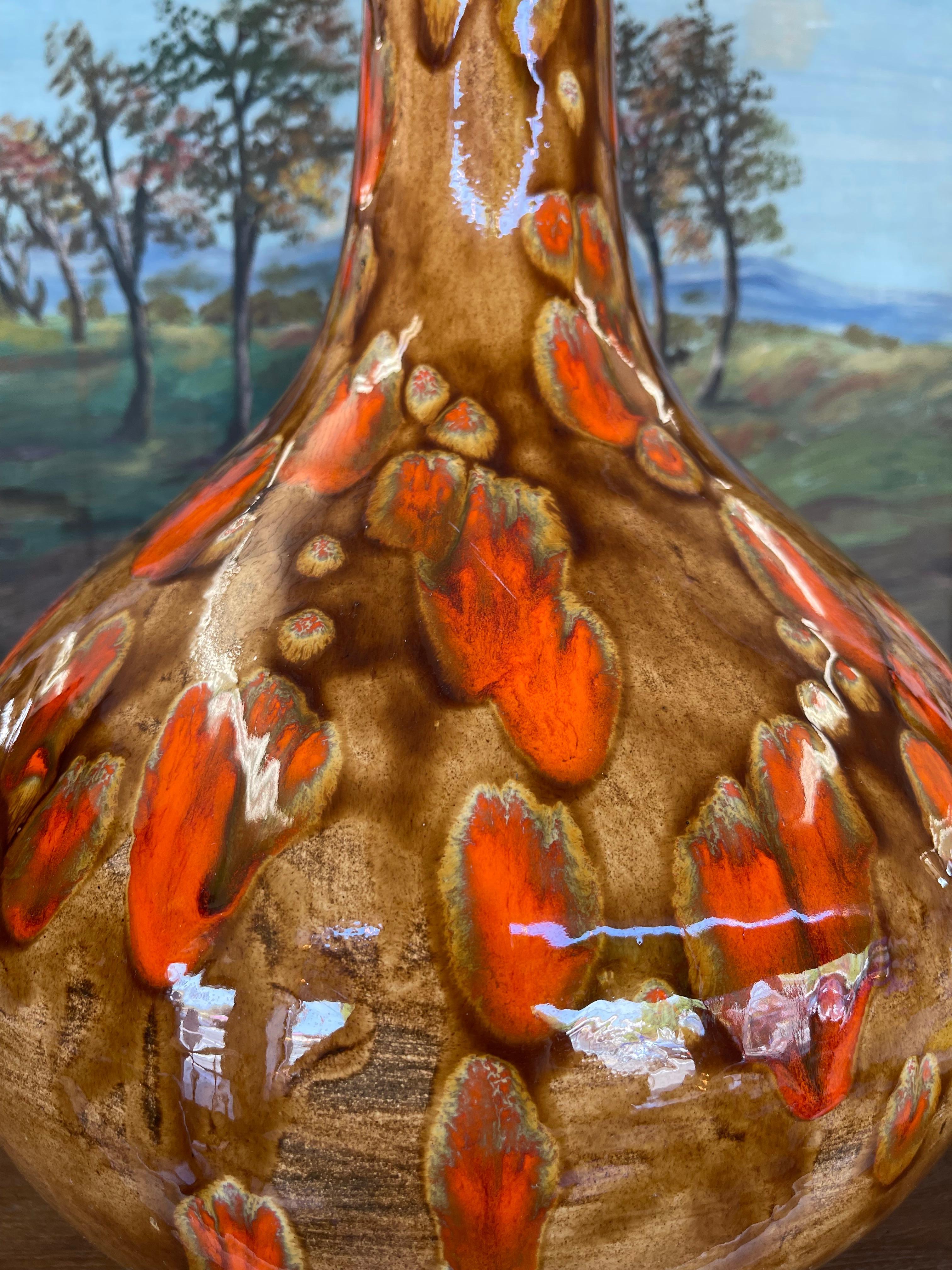 Ceramic Large Mid-Century Modern Drip Glaze Pottery Vase in Brown and Lava Orange Tones For Sale