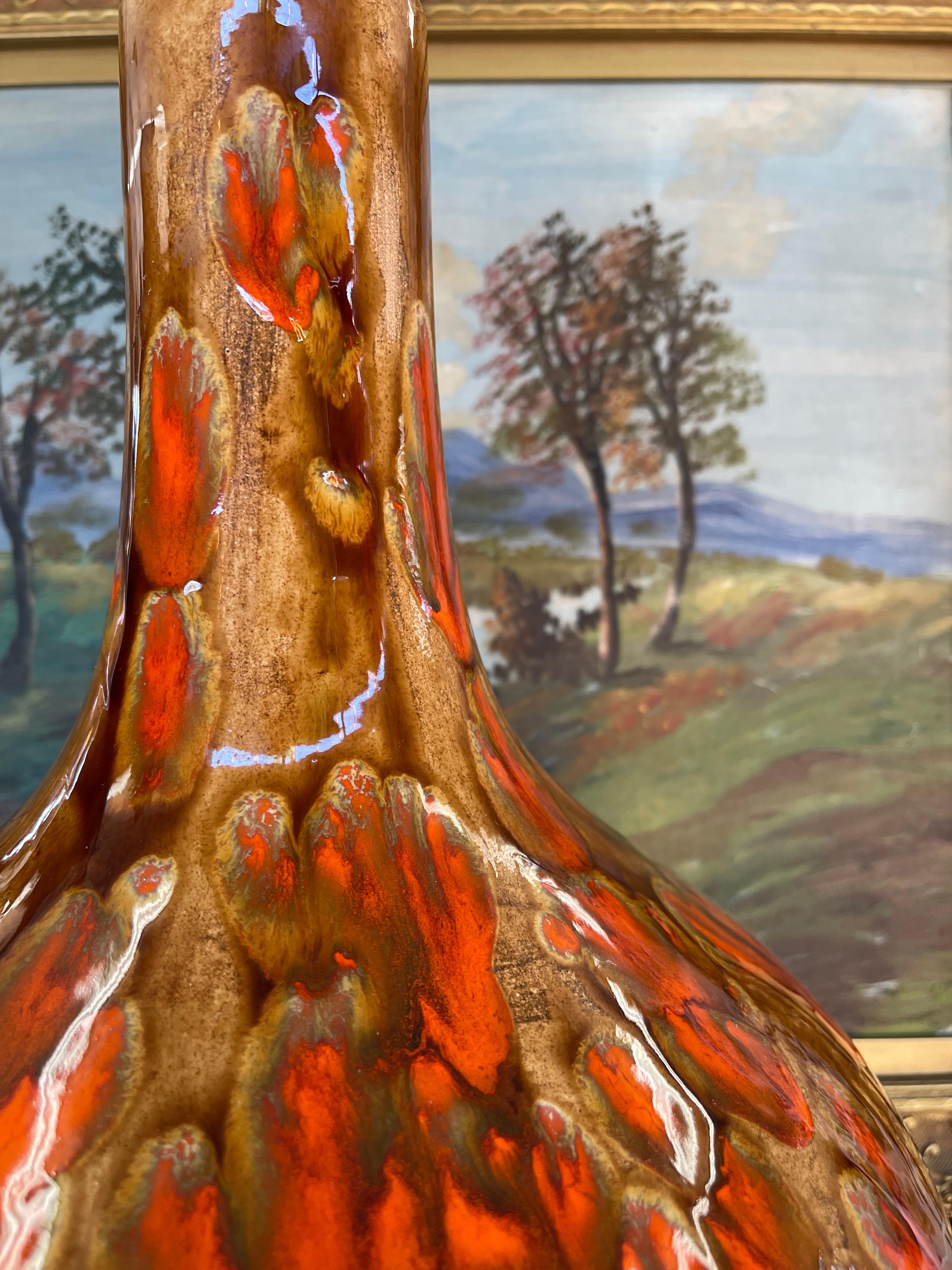 Large Mid-Century Modern Drip Glaze Pottery Vase in Brown and Lava Orange Tones For Sale 1