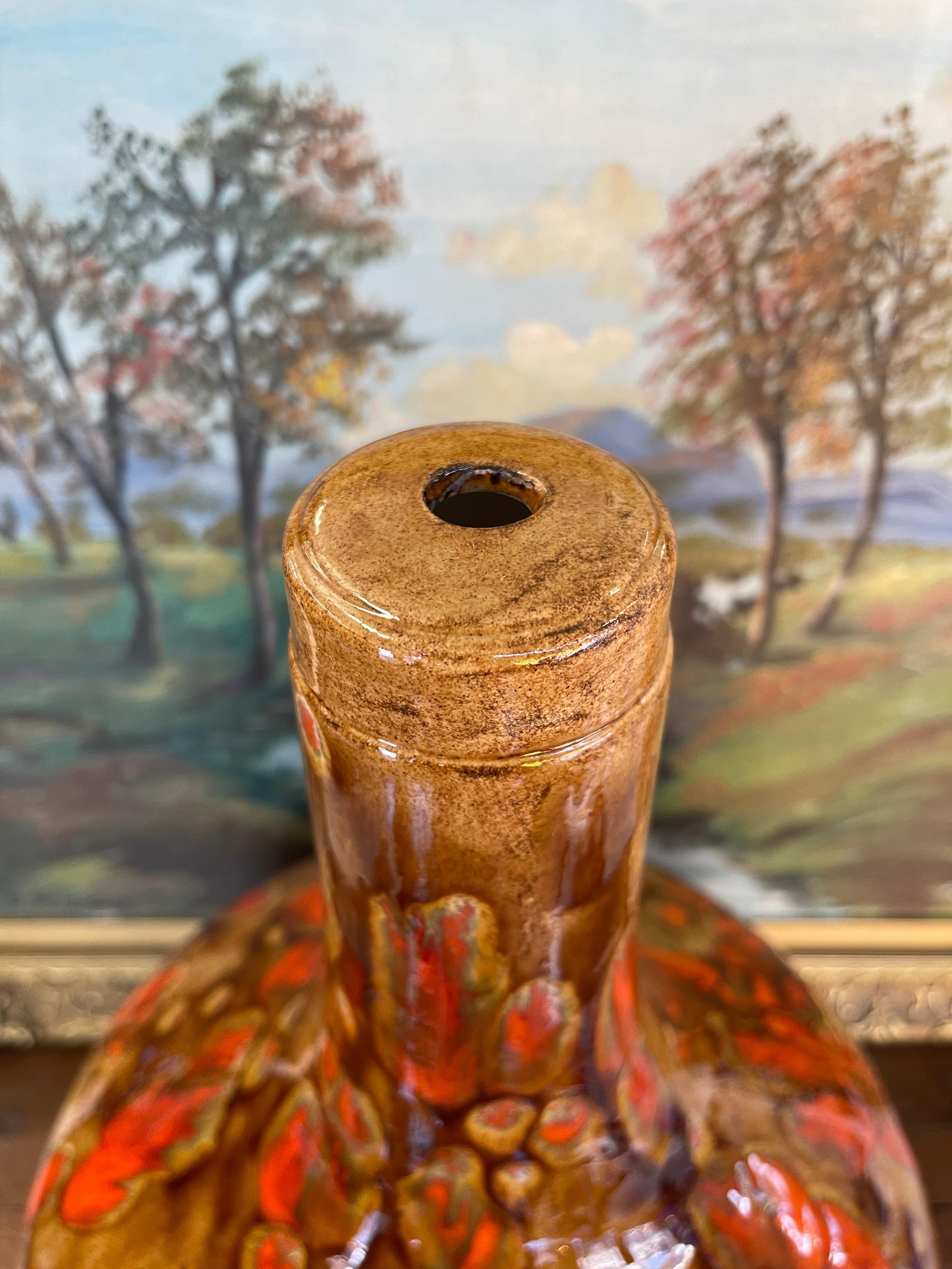 Large Mid-Century Modern Drip Glaze Pottery Vase in Brown and Lava Orange Tones For Sale 2
