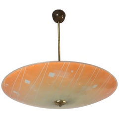 Large Mid-Century Modern Etched and Peach Colored Glass Pendant or Flush Mount