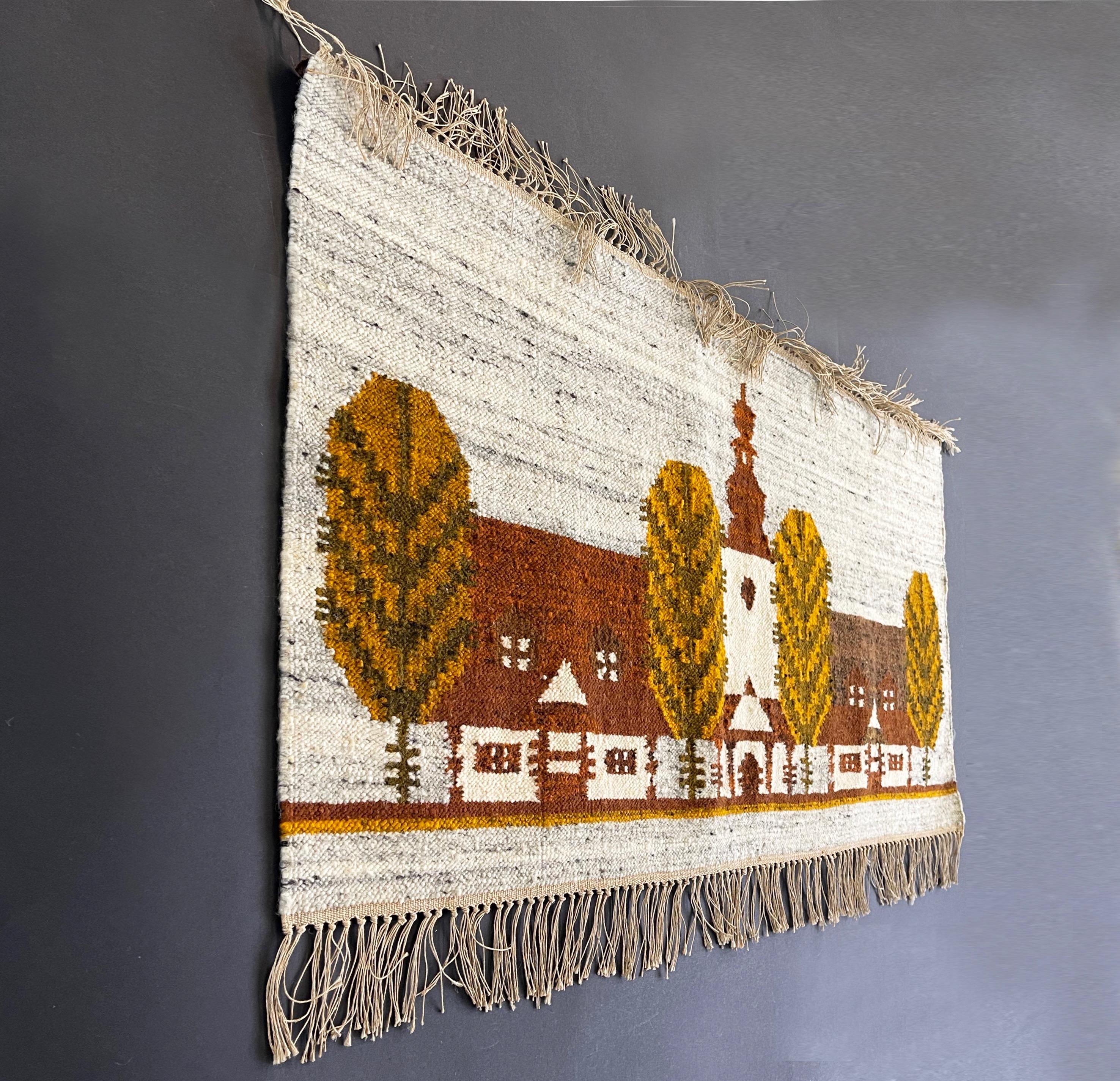 Vintage hand crafted wool tapestry by Ewa Januszkowska for Cepelia, Poland.
Beautifully designed and executed country scene named ''Jarmark Potalanski'' (Potalanski Fair).
The backdrop held in a mottled grey, warm and earthy browns of traditional
