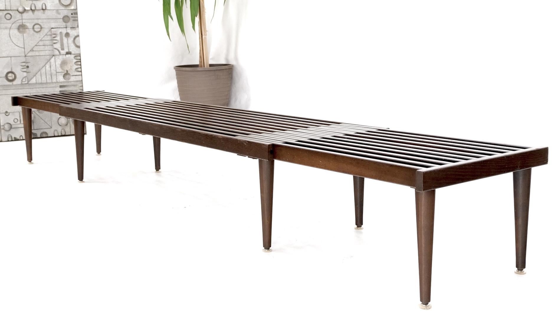20th Century Large Mid-Century Modern Extending Slat Bench on Tapered Dowel Cone Legs 