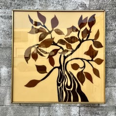 Large Mid Century Modern Framed Botanical Glass Wall Art Circa 1970s