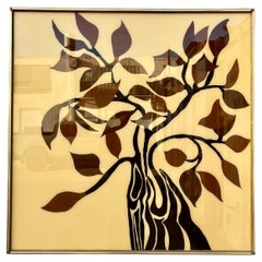 Large Mid Century Modern Framed Botanical Glass Wall Art Circa 1970s