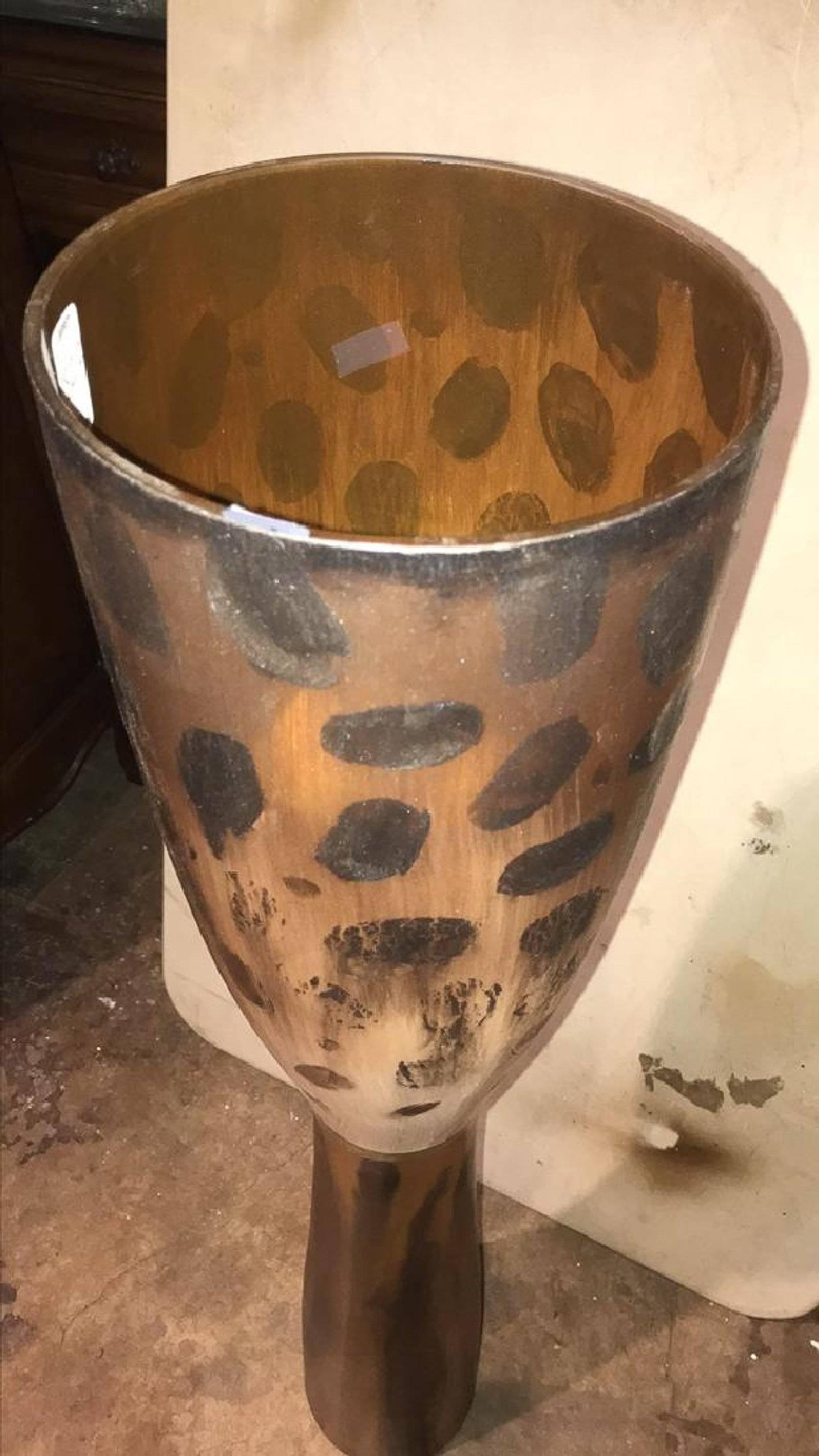 Impressive Mid-Century Modern French art glass vase of large size with leopard pattern and signed, Dupre. 

Measures: Height 39