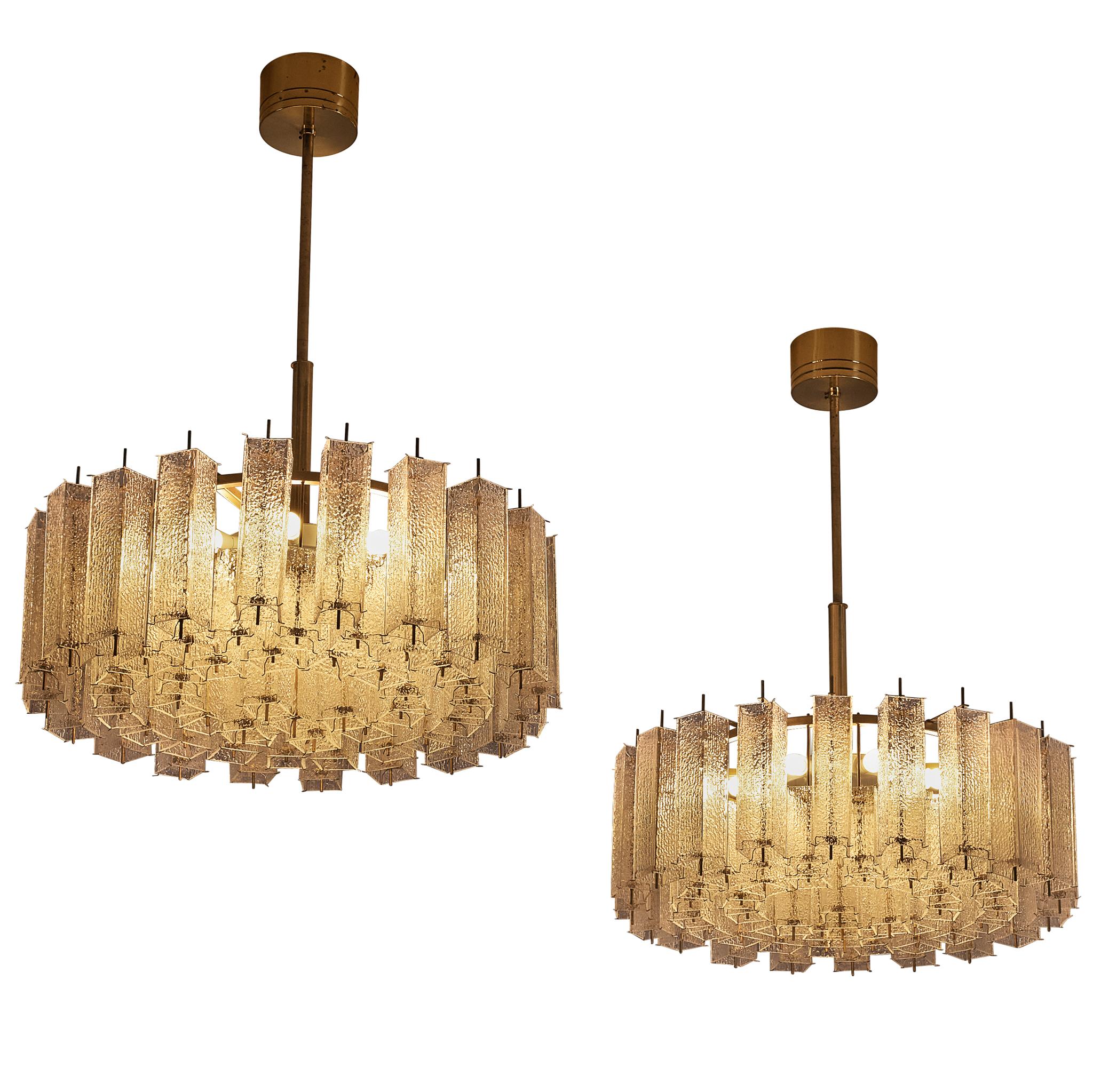 Large Mid Century Modern Glass & Brass Chandelier 97cm/38in Wide